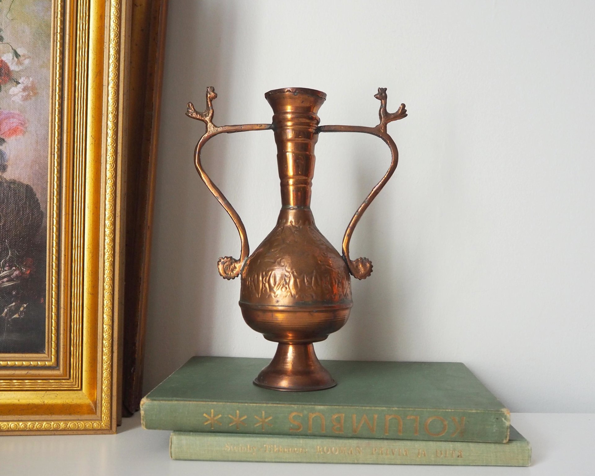 Vintage copper vase | Copper vase | Decorative copper vase | Rustic copper vase | Vintage vase with birds | Small copper vase