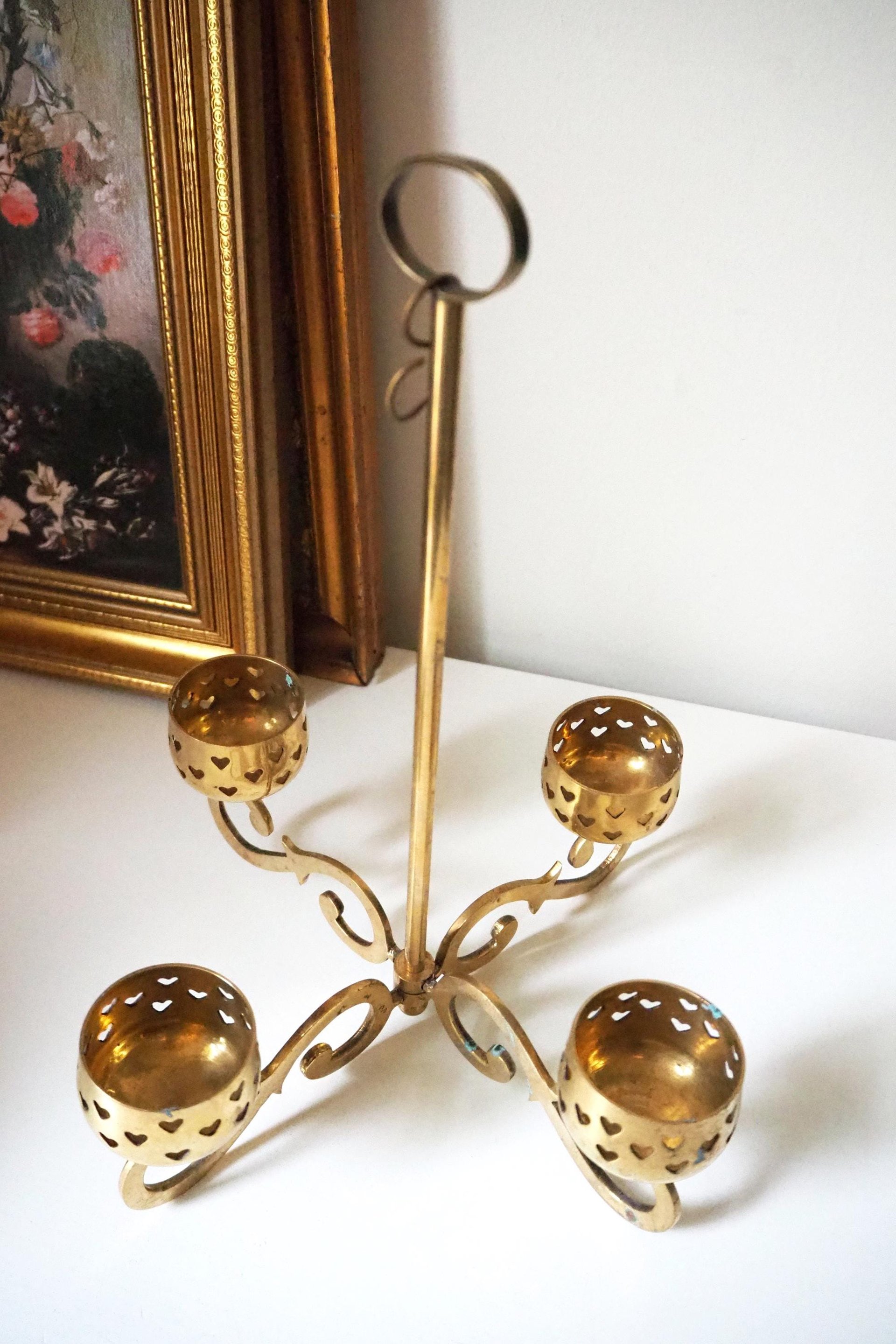 Vintage hanging tealight candle holder | Vintage candelabrum | Hanging brass candelabrum | Hanging brass votive candelabrum
