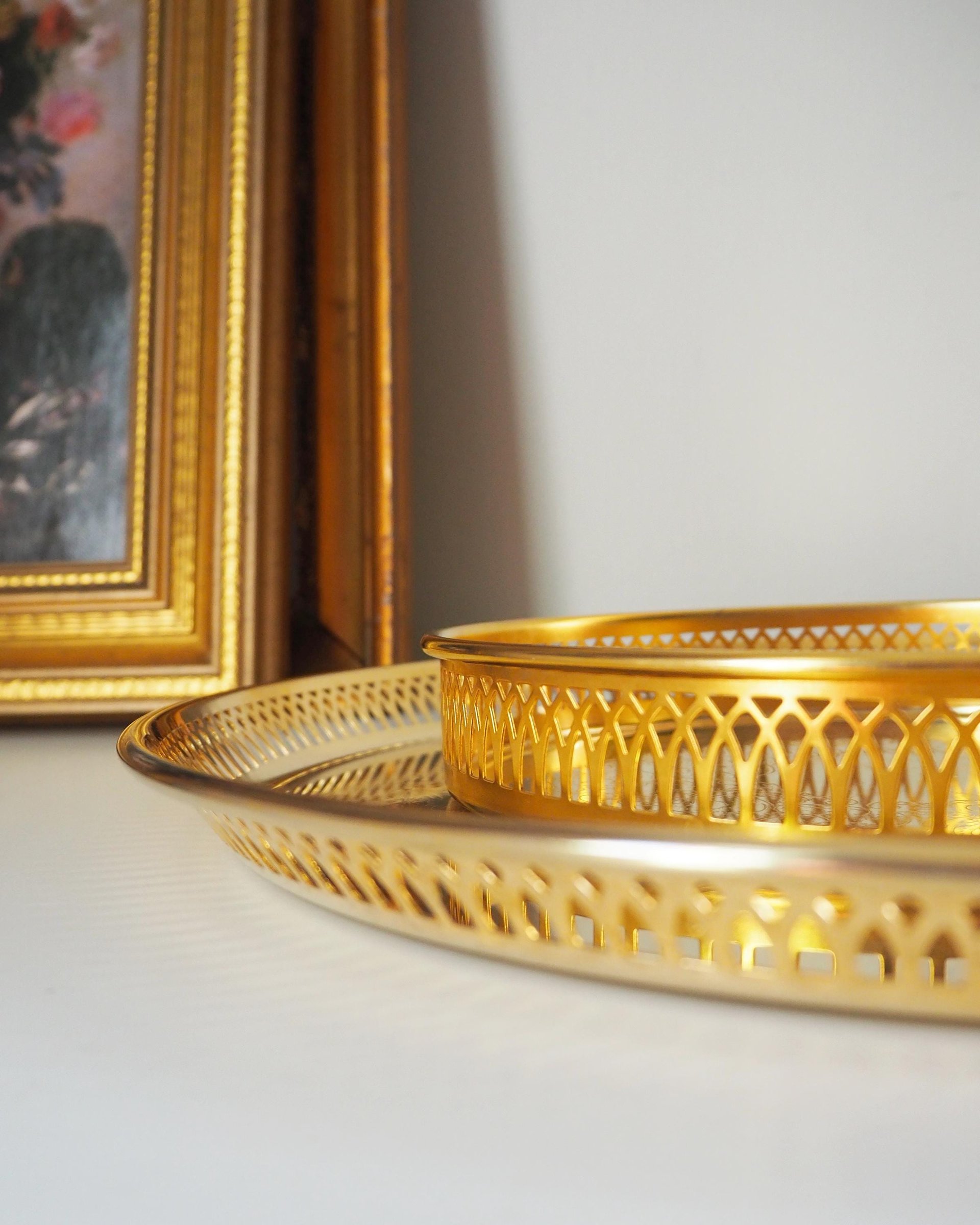 Set of two vintage gold plated trays | Scandia Guld trays | Vintage trays with a raised edge | Gold plated serving trays with a cutout rim