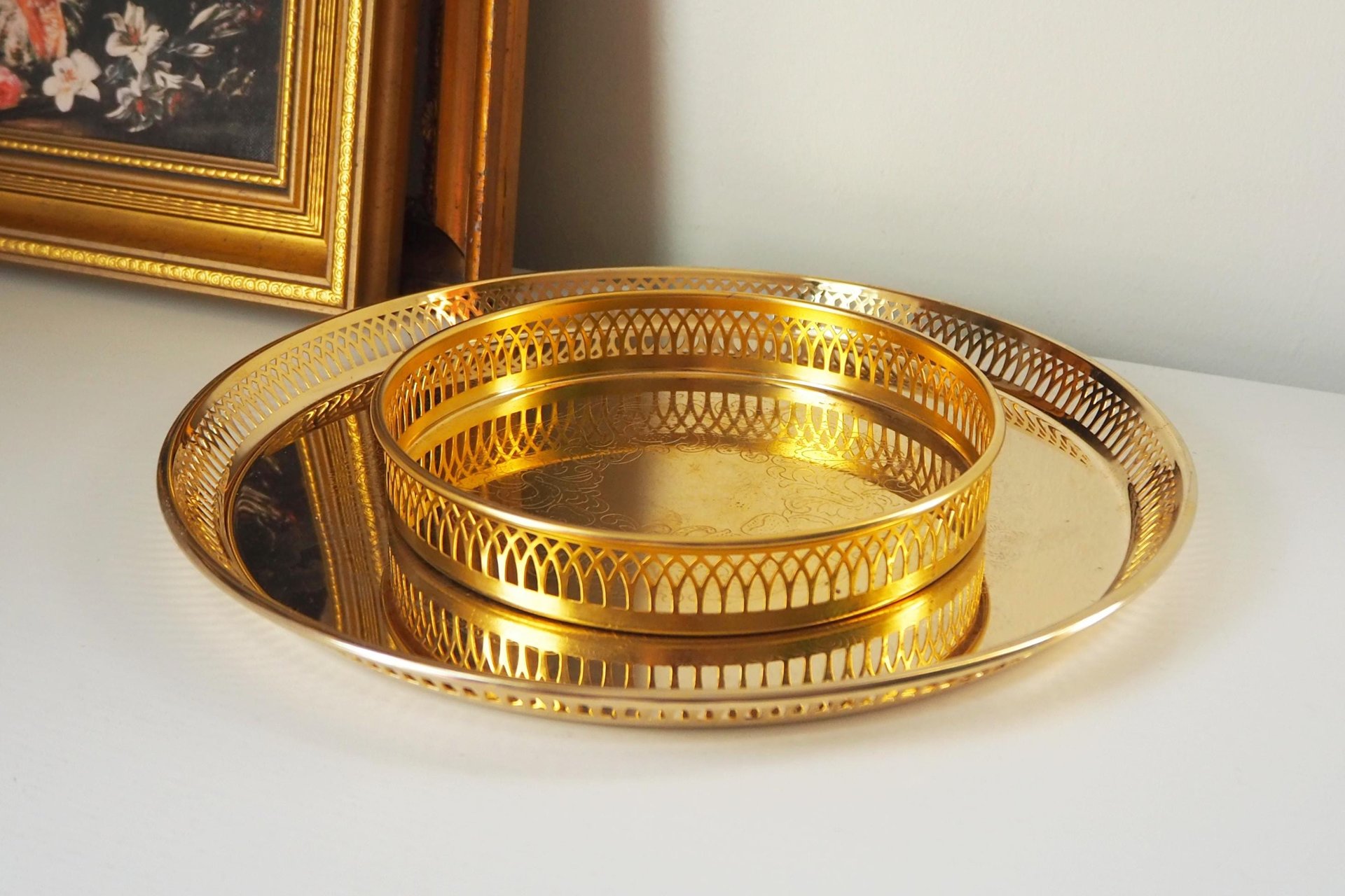 Set of two vintage gold plated trays | Scandia Guld trays | Vintage trays with a raised edge | Gold plated serving trays with a cutout rim