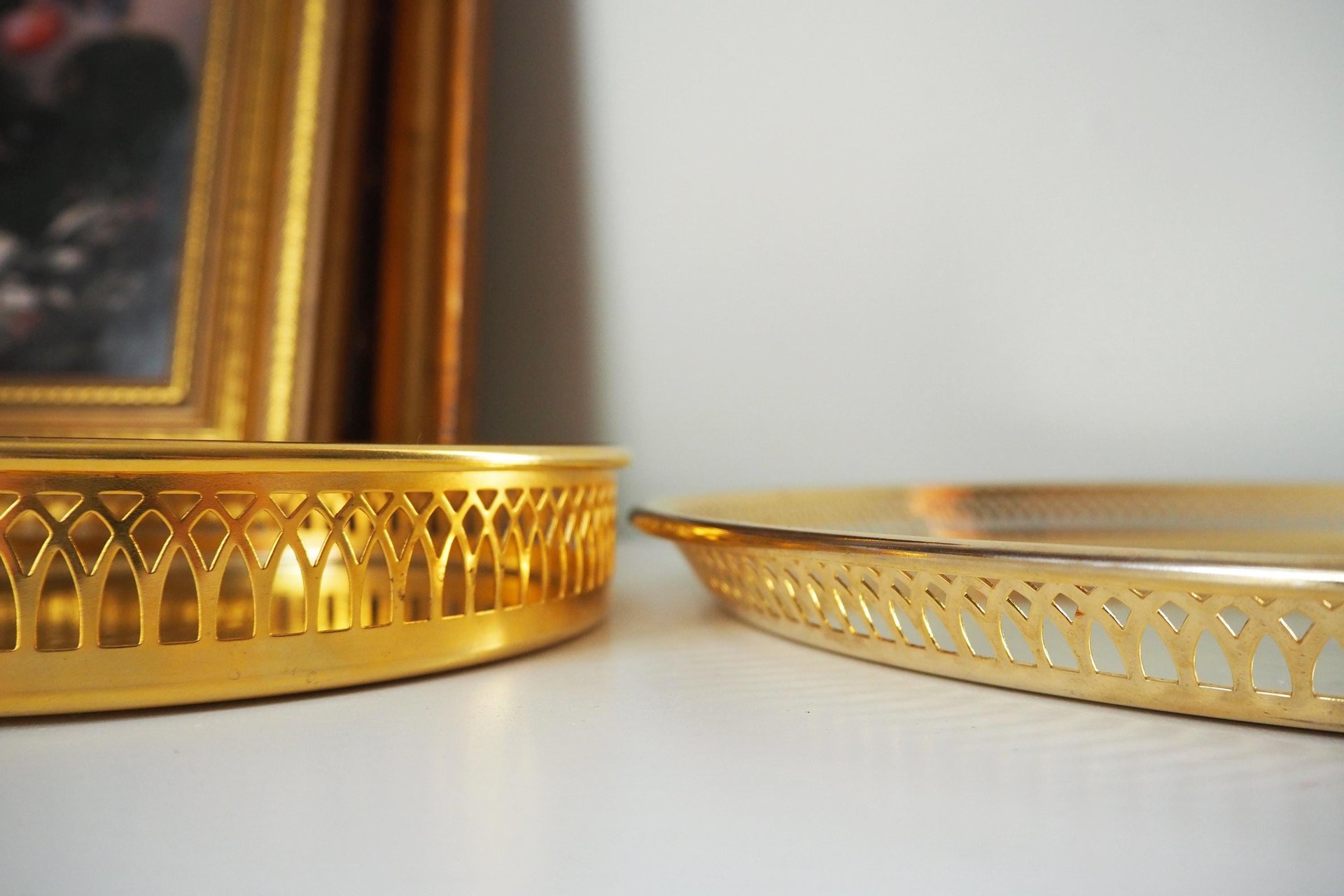Set of two vintage gold plated trays | Scandia Guld trays | Vintage trays with a raised edge | Gold plated serving trays with a cutout rim