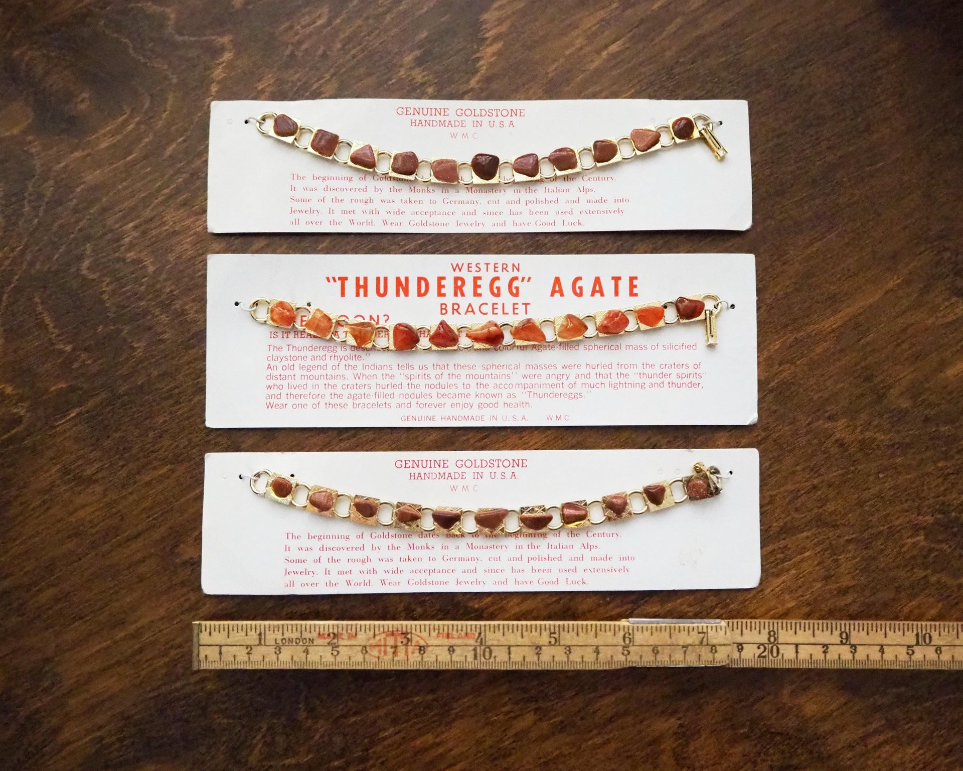 Set of three vintage bracelets | Agate and goldstone bracelets | Thunderegg agate bracelet | Genuine Goldstone bracelets | Handmade in USA