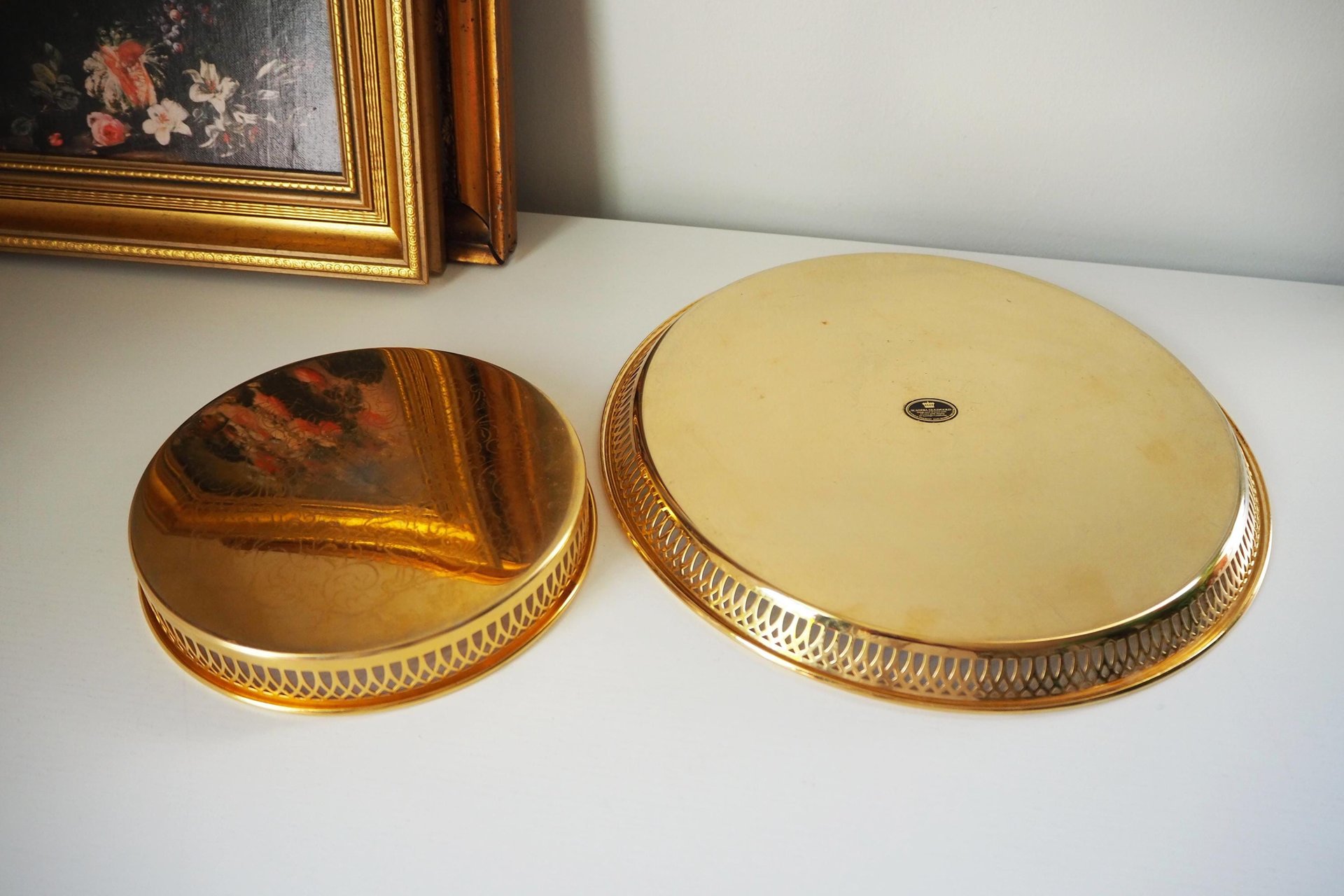 Set of two vintage gold plated trays | Scandia Guld trays | Vintage trays with a raised edge | Gold plated serving trays with a cutout rim