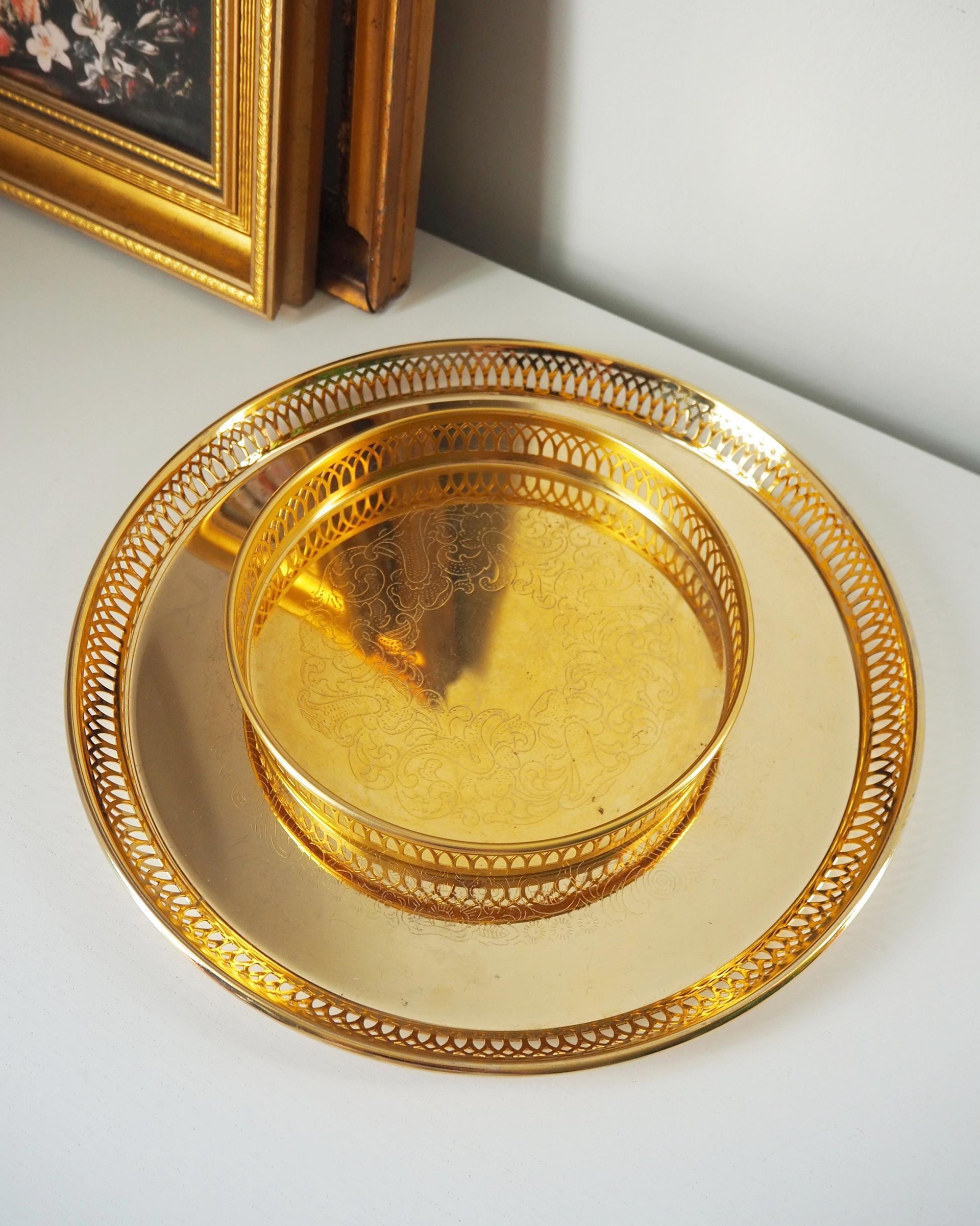 Set of two vintage gold plated trays | Scandia Guld trays | Vintage trays with a raised edge | Gold plated serving trays with a cutout rim