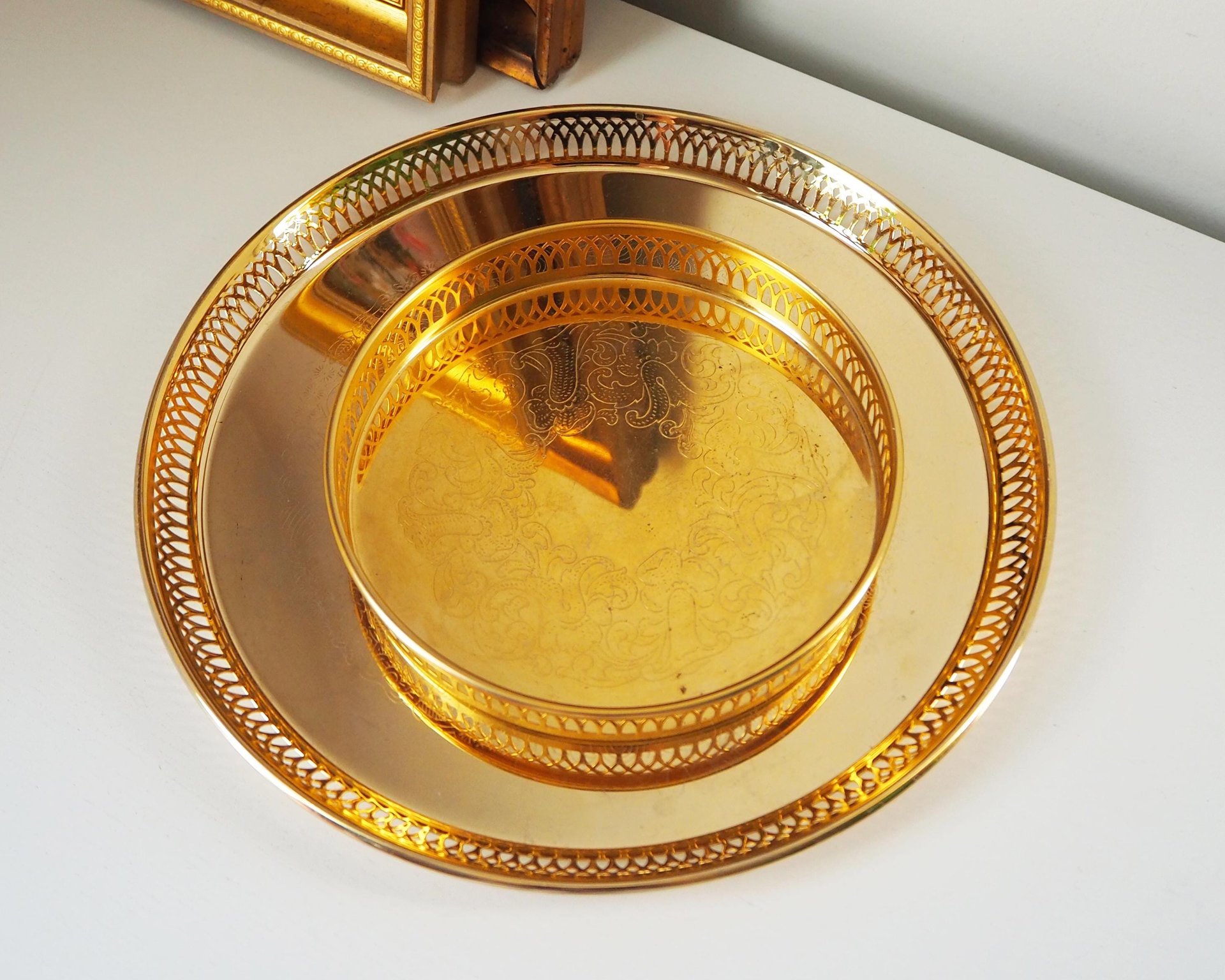 Set of two vintage gold plated trays | Scandia Guld trays | Vintage trays with a raised edge | Gold plated serving trays with a cutout rim