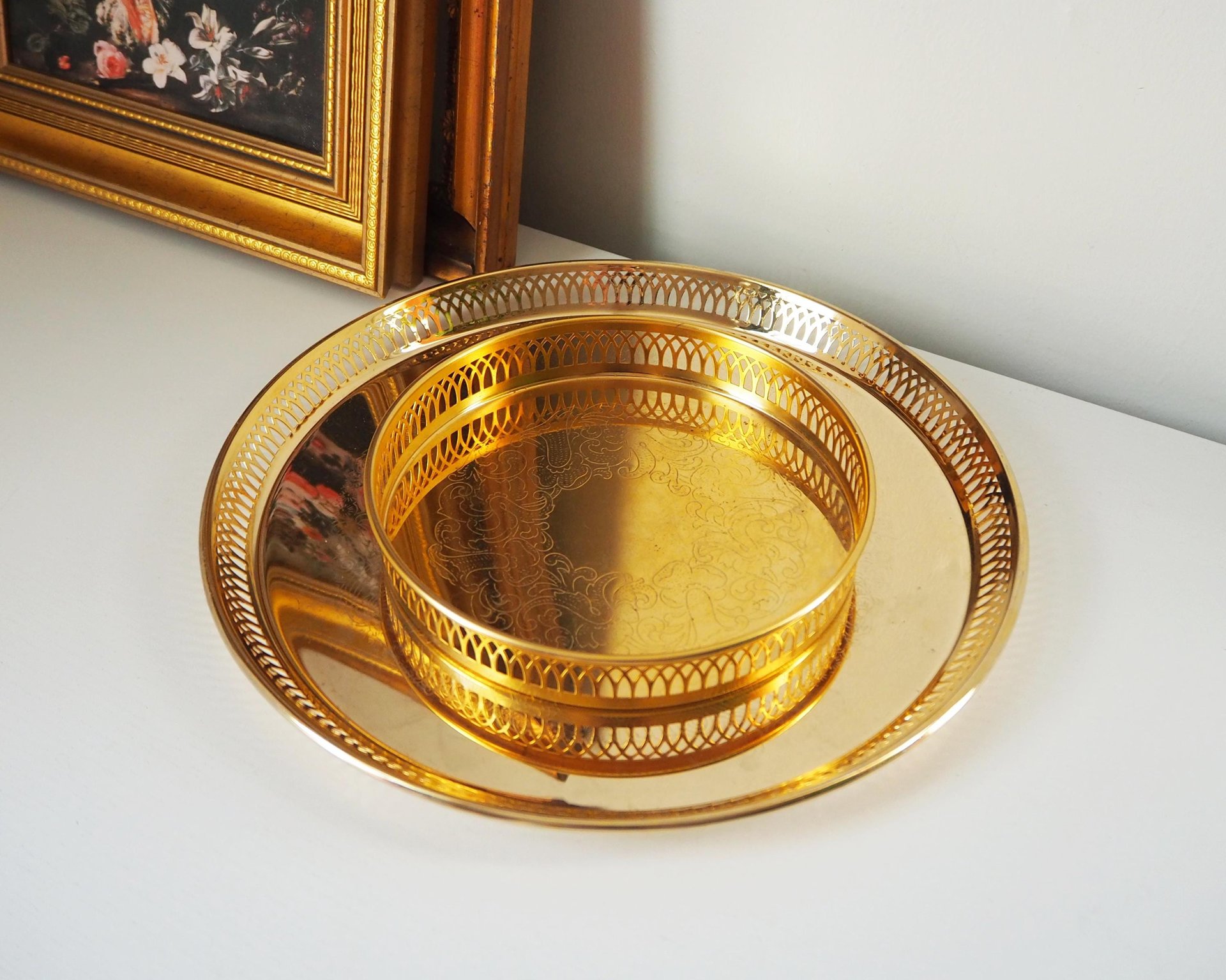 Set of two vintage gold plated trays | Scandia Guld trays | Vintage trays with a raised edge | Gold plated serving trays with a cutout rim