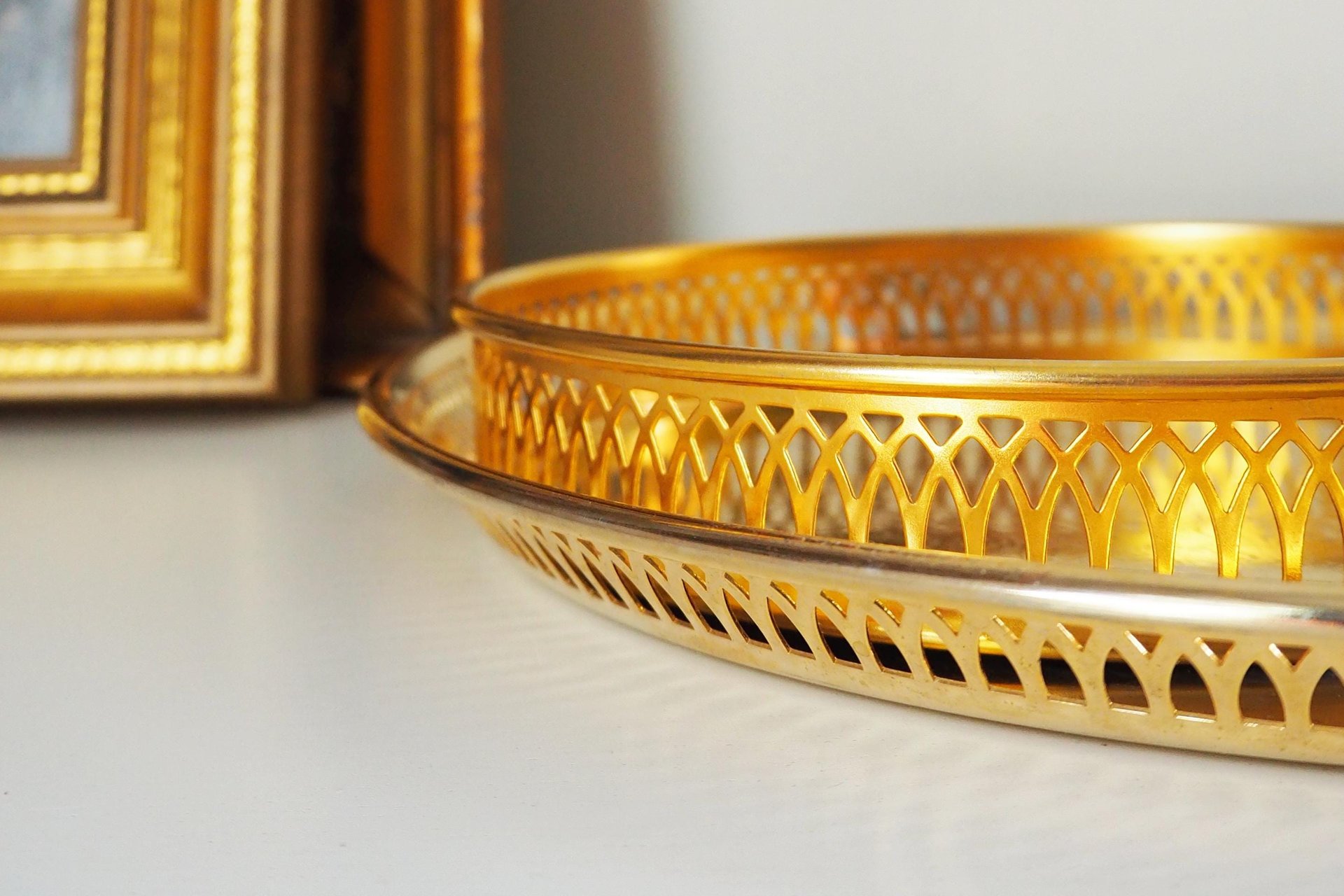 Set of two vintage gold plated trays | Scandia Guld trays | Vintage trays with a raised edge | Gold plated serving trays with a cutout rim