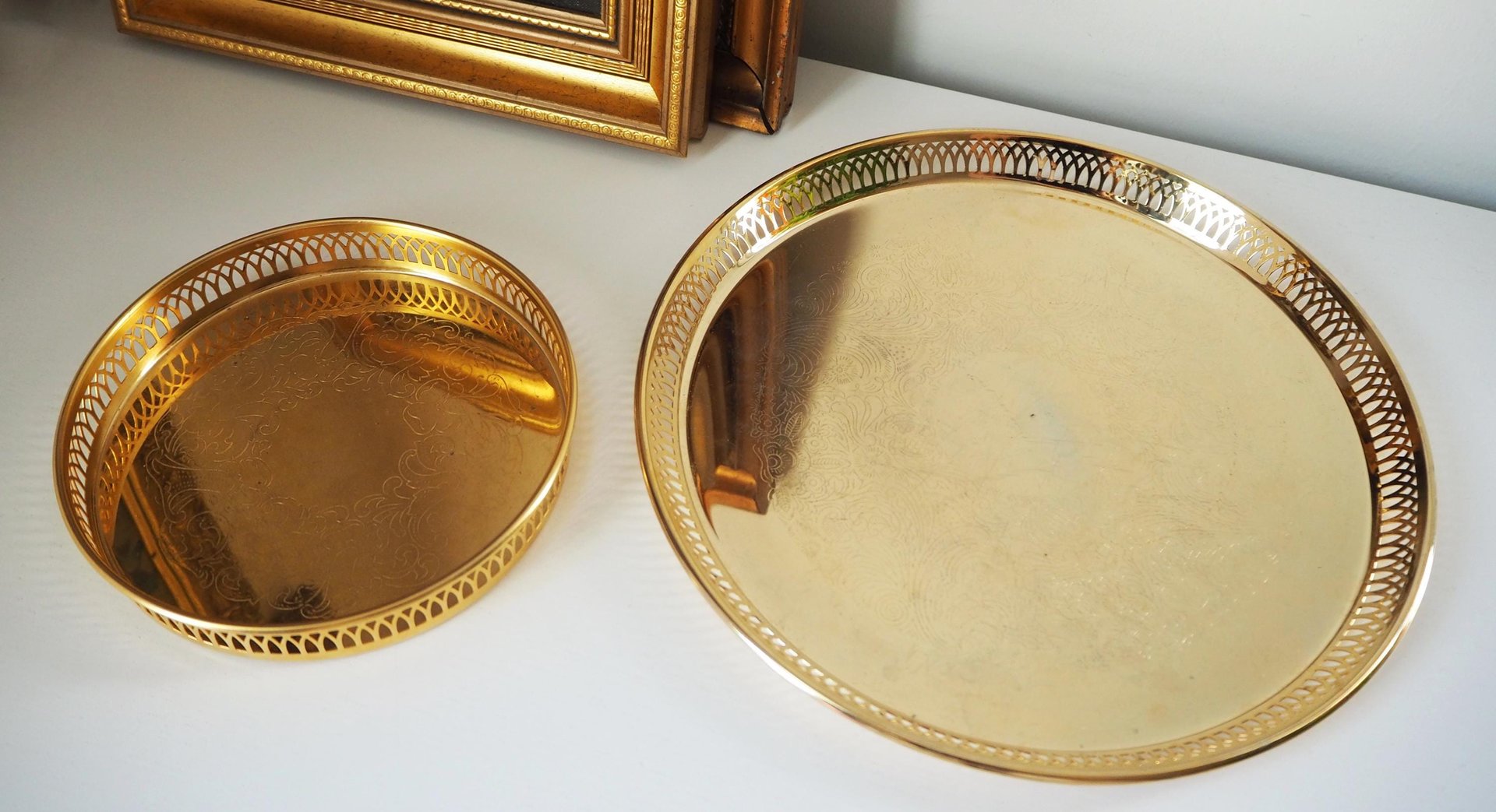 Set of two vintage gold plated trays | Scandia Guld trays | Vintage trays with a raised edge | Gold plated serving trays with a cutout rim