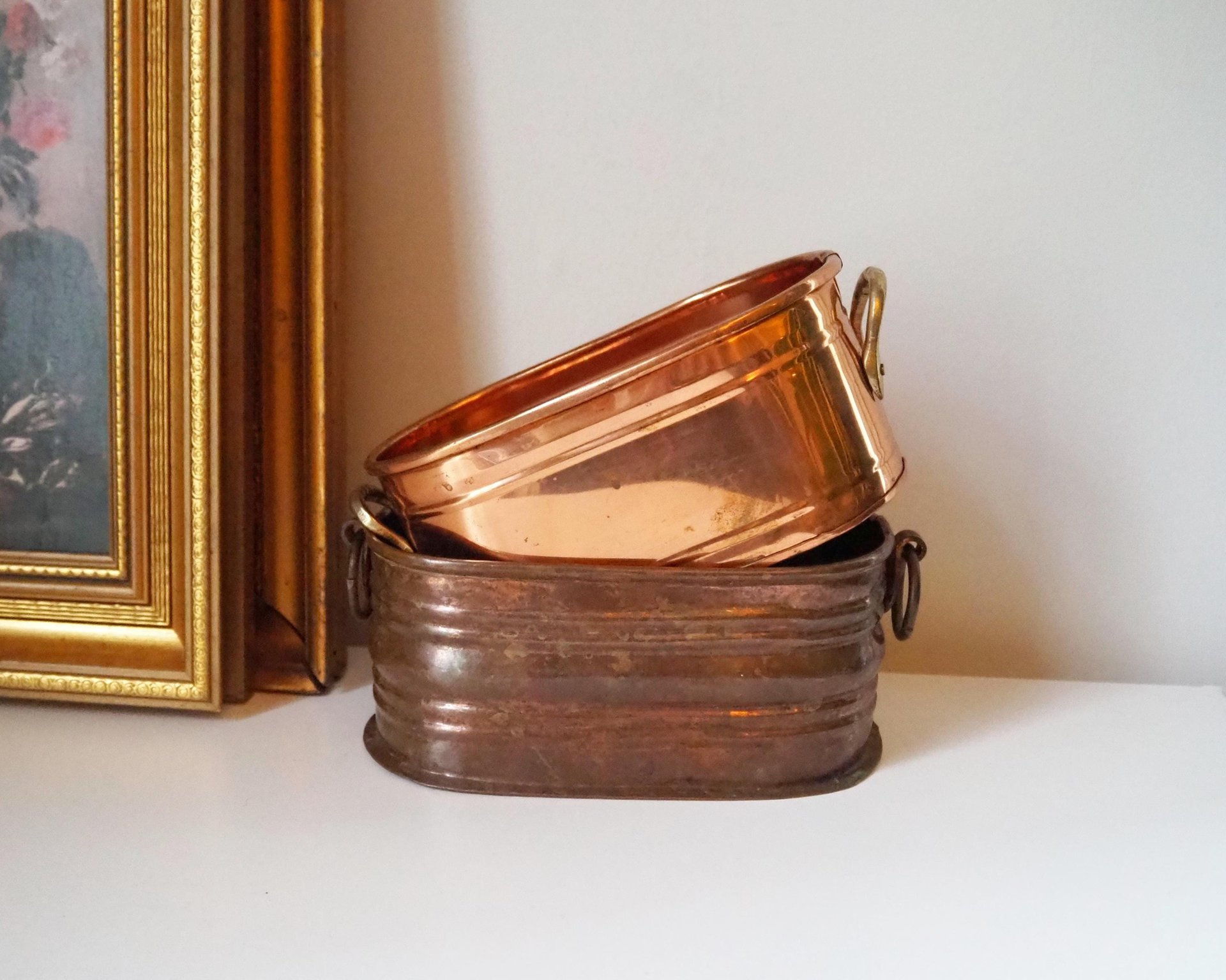 Vintage copper planters | Set of two mismatched copper planters | Vintage planters | Oblong copper planters | Vintage copper pots