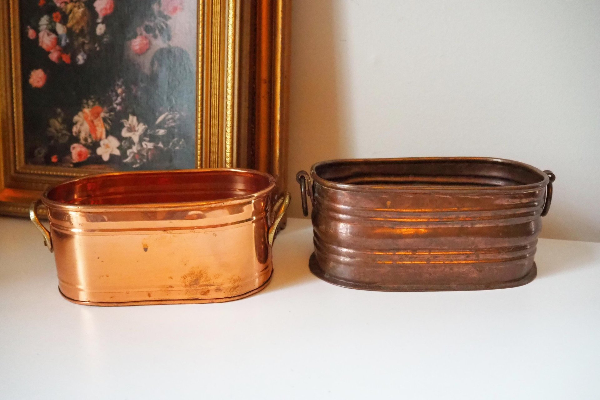 Vintage copper planters | Set of two mismatched copper planters | Vintage planters | Oblong copper planters | Vintage copper pots