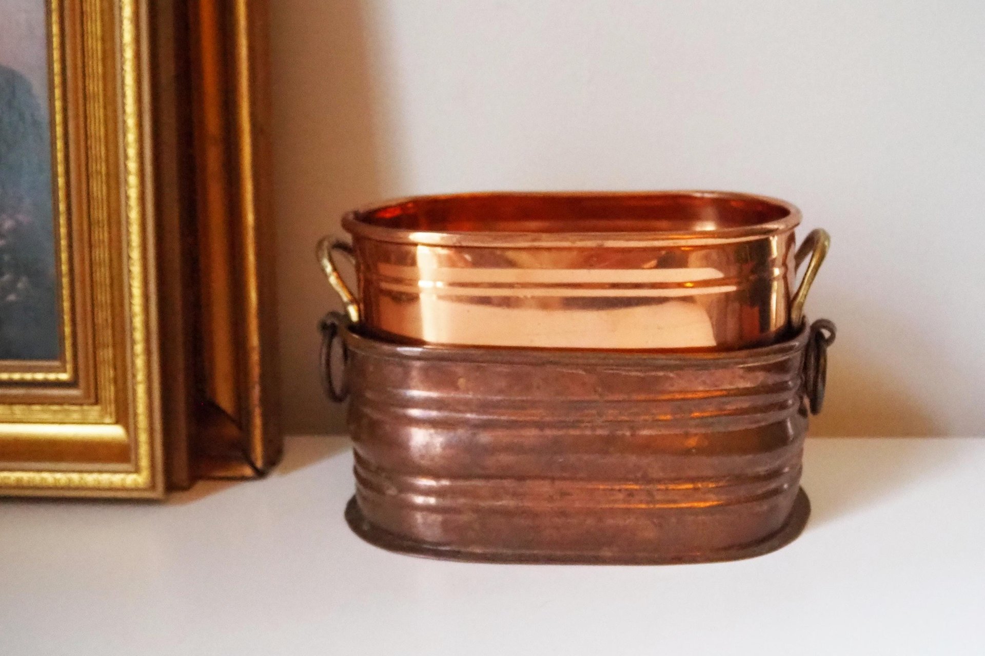 Vintage copper planters | Set of two mismatched copper planters | Vintage planters | Oblong copper planters | Vintage copper pots