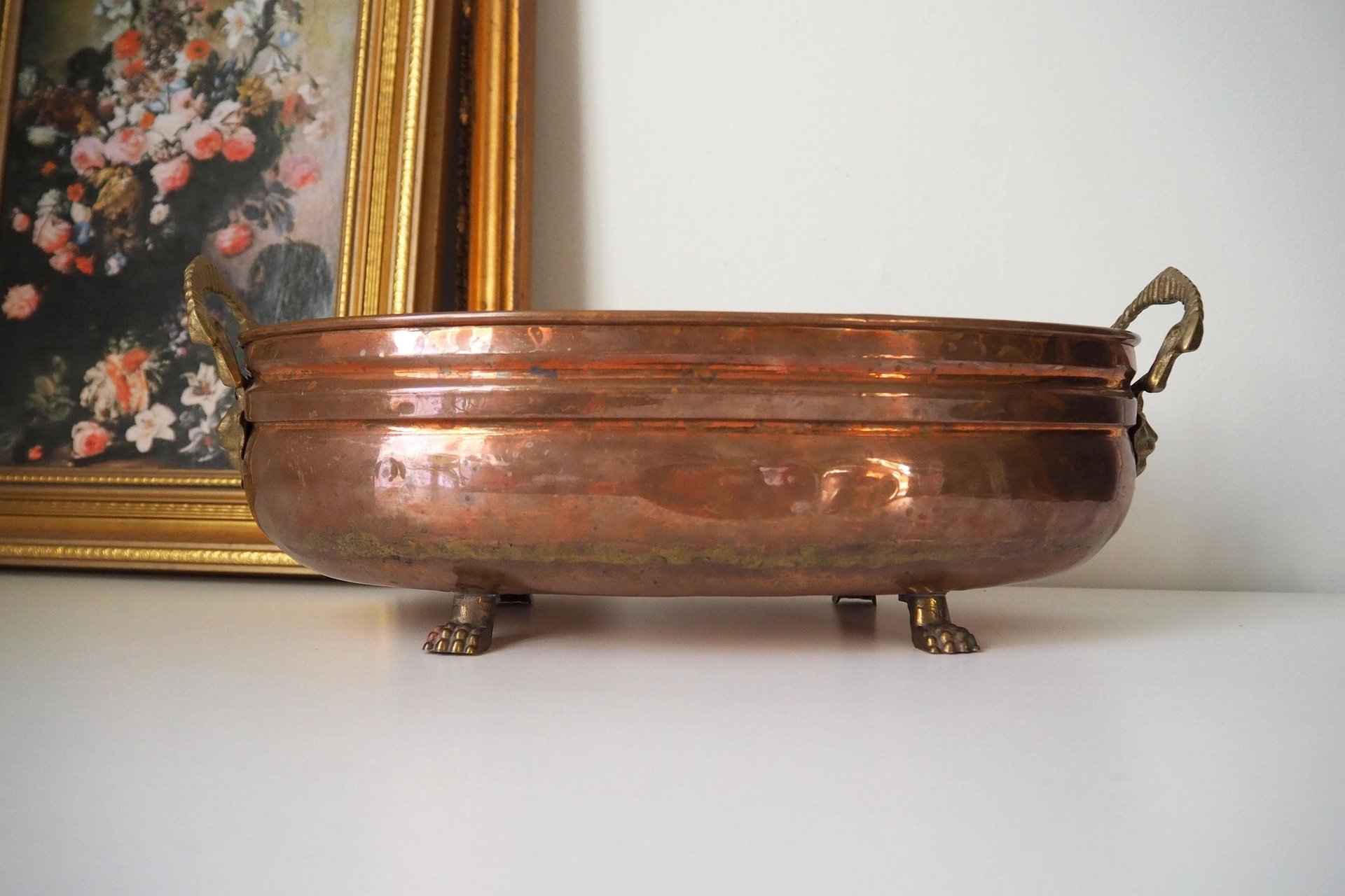 Vintage copper planter | Large copper planter | Oval copper planter | Vintage copper pot | Lion handle copper planter
