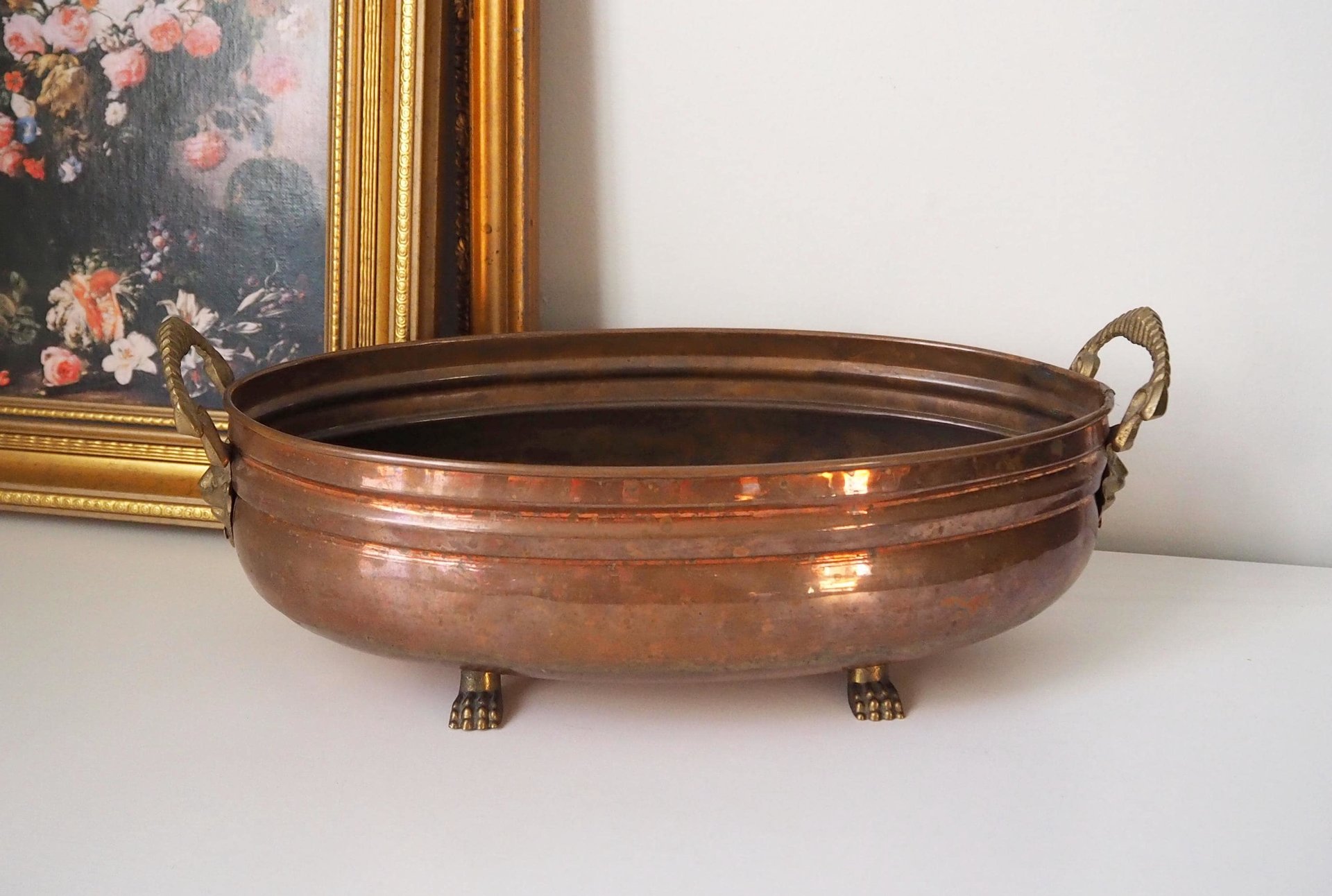 Vintage copper planter | Large copper planter | Oval copper planter | Vintage copper pot | Lion handle copper planter