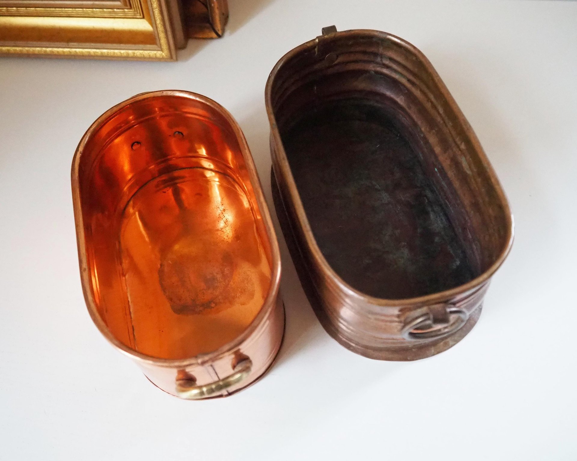 Vintage copper planters | Set of two mismatched copper planters | Vintage planters | Oblong copper planters | Vintage copper pots