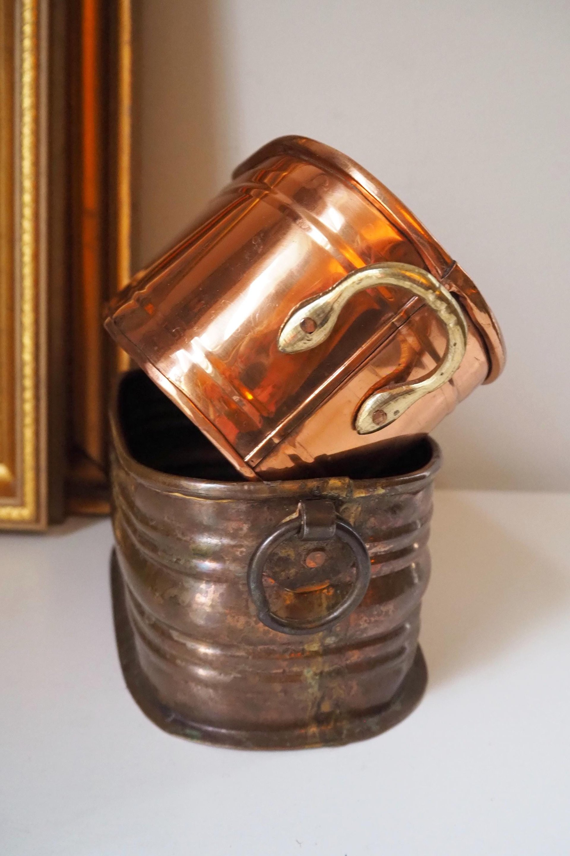 Vintage copper planters | Set of two mismatched copper planters | Vintage planters | Oblong copper planters | Vintage copper pots