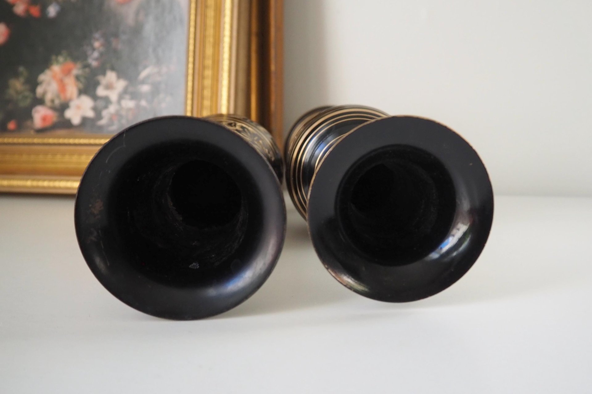 Set of two vintage vases | Brass vases | Mismatched vintage vases | Etched brass and black vases | Vintage brass vase set