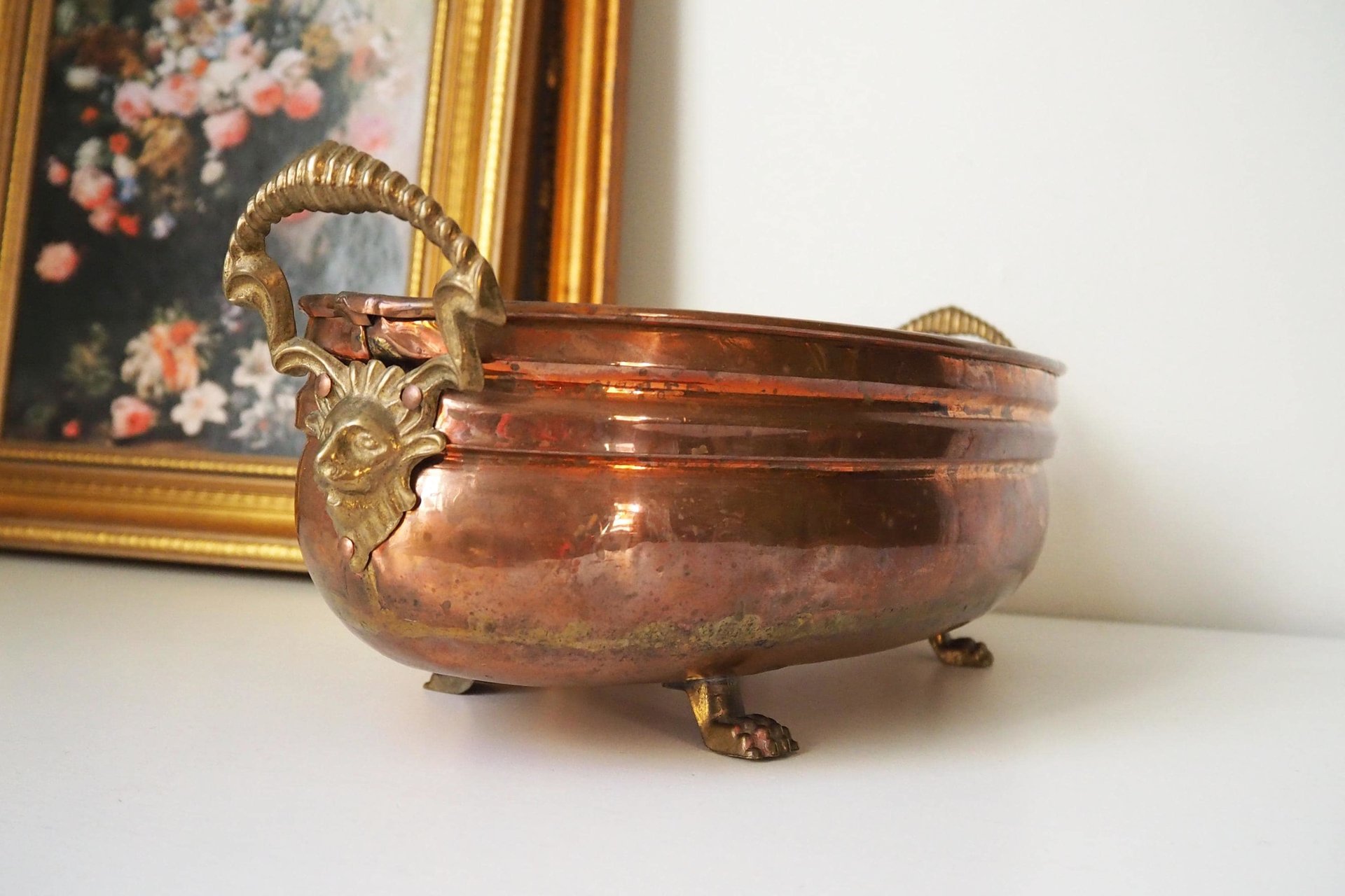Vintage copper planter | Large copper planter | Oval copper planter | Vintage copper pot | Lion handle copper planter