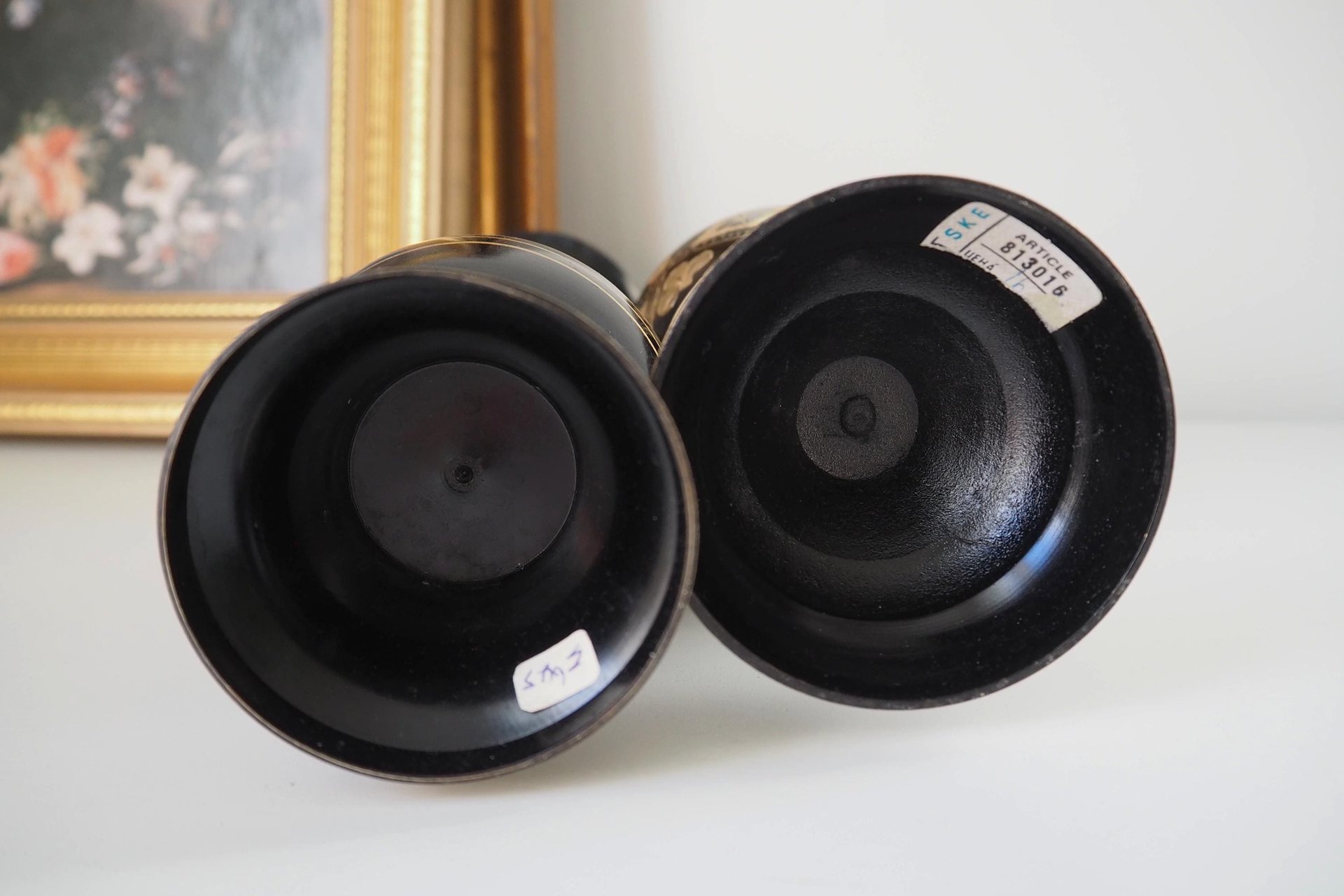Set of two vintage vases | Brass vases | Mismatched vintage vases | Etched brass and black vases | Vintage brass vase set