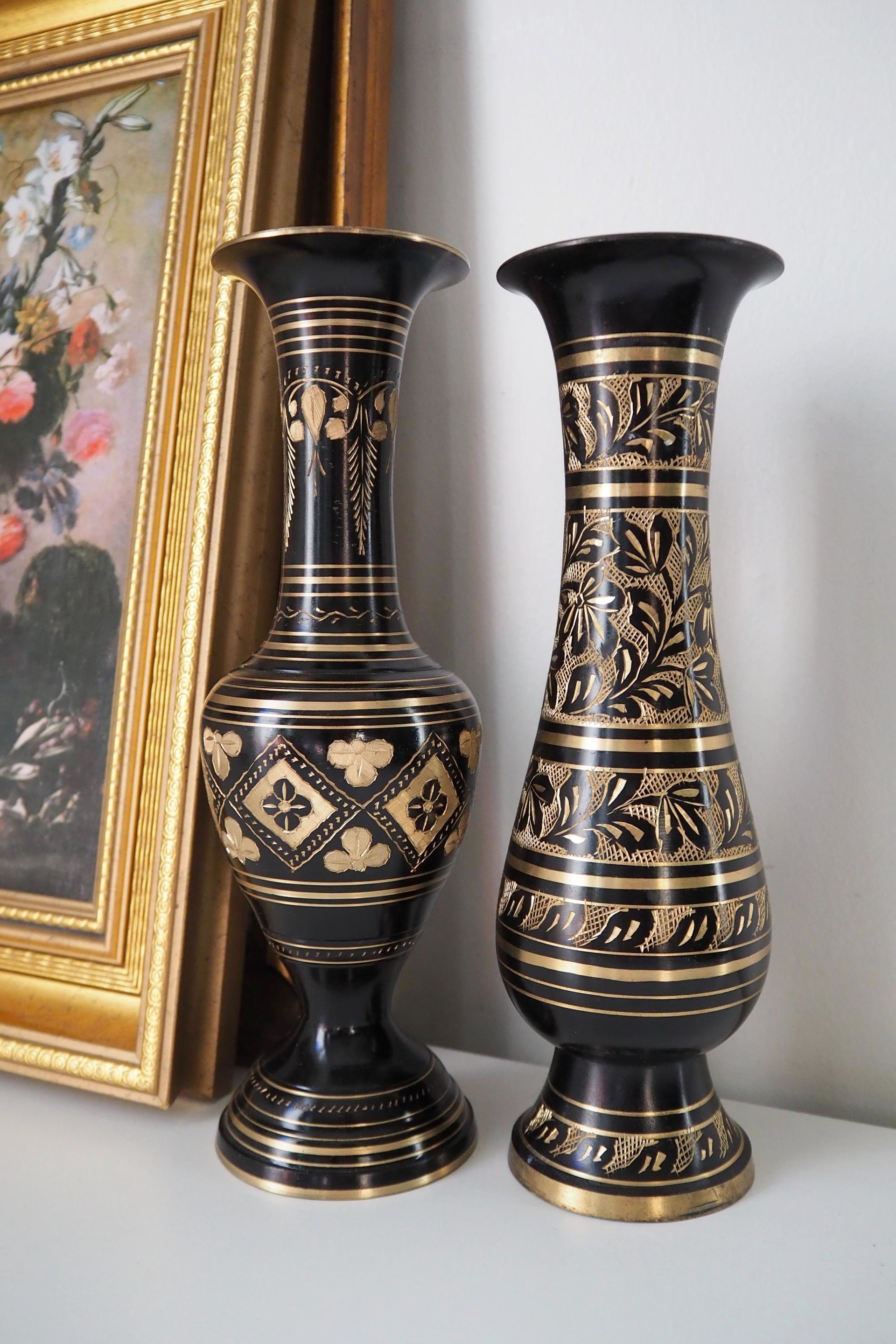 Set of two vintage vases | Brass vases | Mismatched vintage vases | Etched brass and black vases | Vintage brass vase set