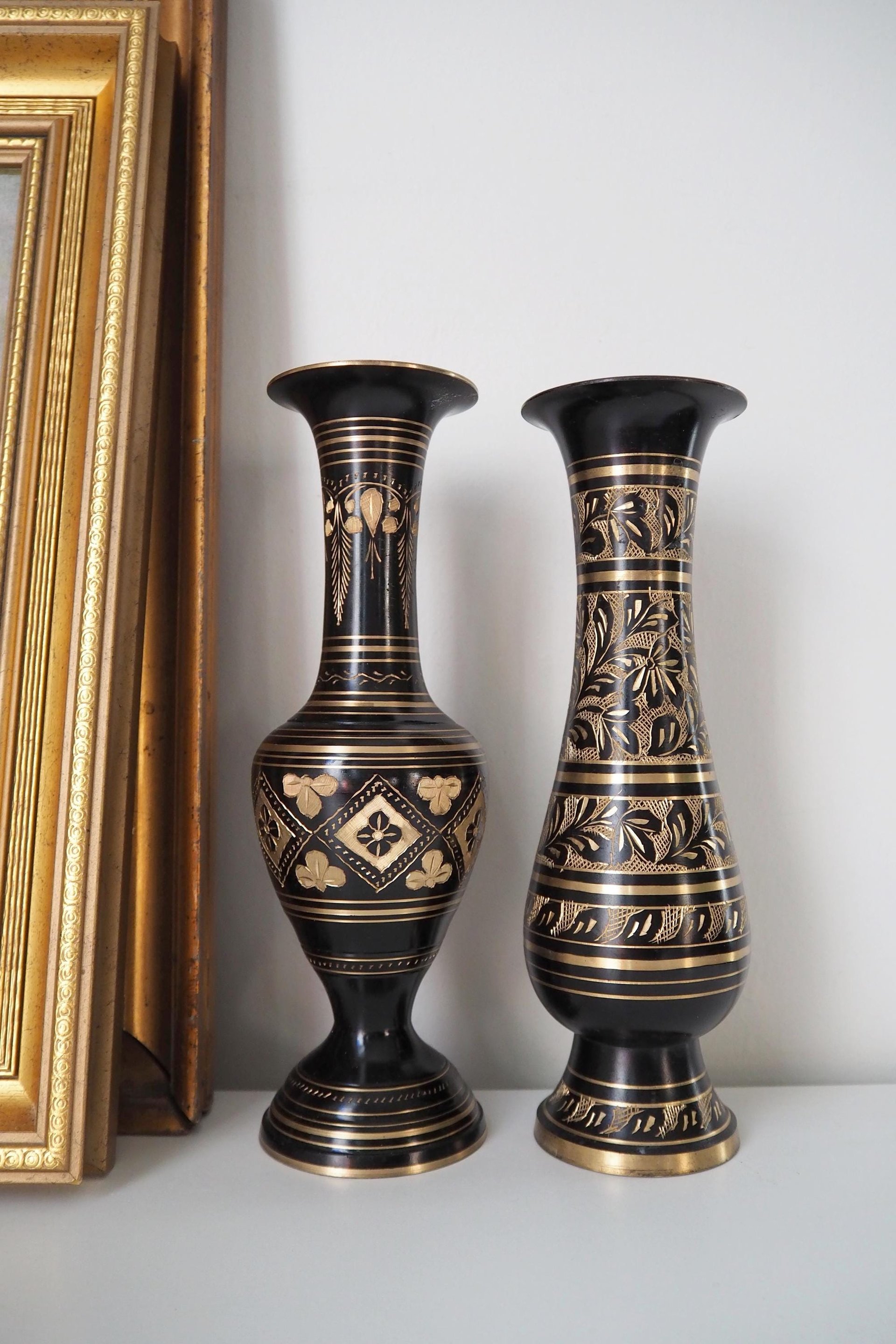 Set of two vintage vases | Brass vases | Mismatched vintage vases | Etched brass and black vases | Vintage brass vase set