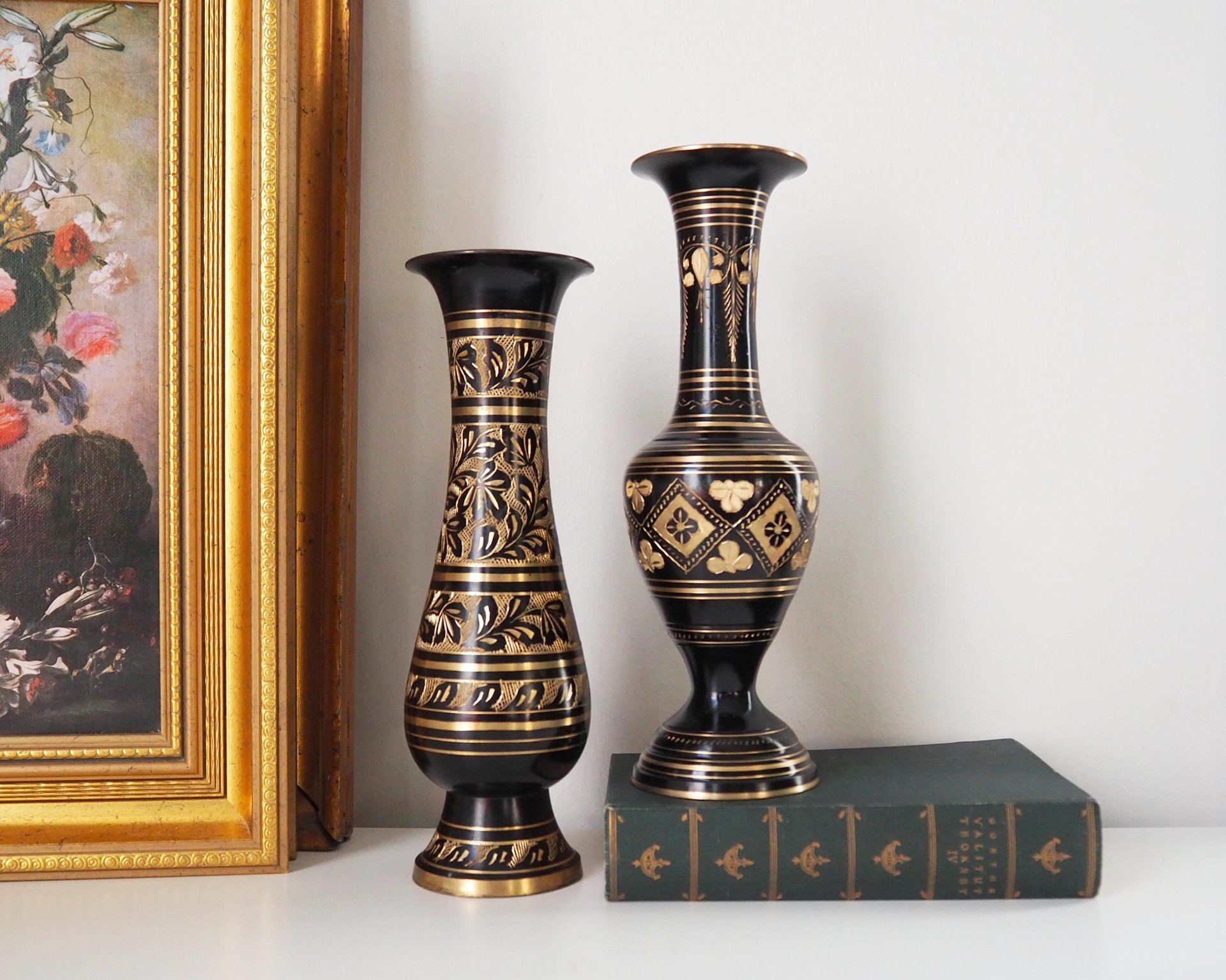 Set of two vintage vases | Brass vases | Mismatched vintage vases | Etched brass and black vases | Vintage brass vase set