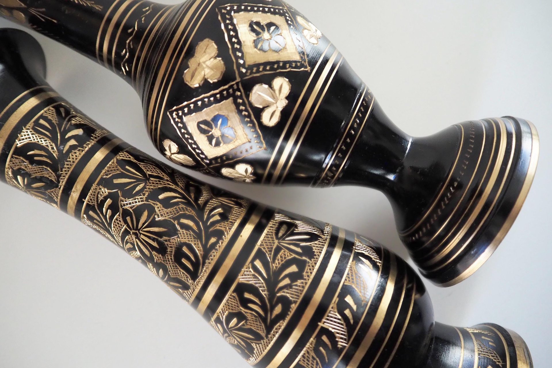 Set of two vintage vases | Brass vases | Mismatched vintage vases | Etched brass and black vases | Vintage brass vase set