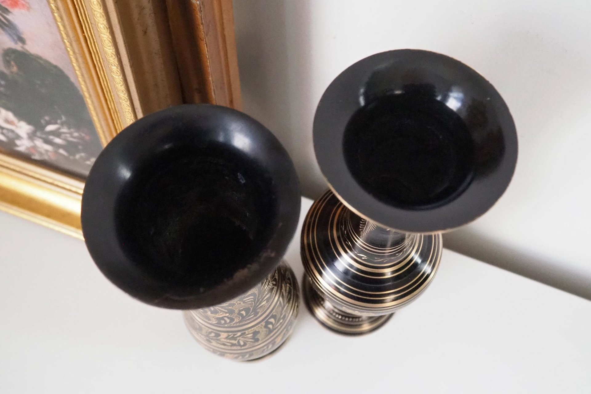 Set of two vintage vases | Brass vases | Mismatched vintage vases | Etched brass and black vases | Vintage brass vase set
