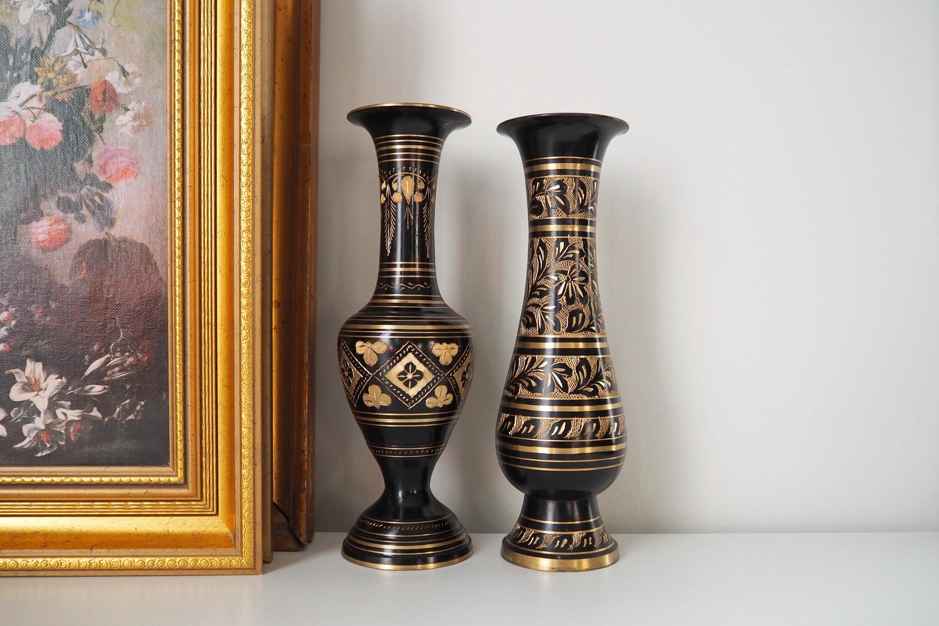 Set of two vintage vases | Brass vases | Mismatched vintage vases | Etched brass and black vases | Vintage brass vase set