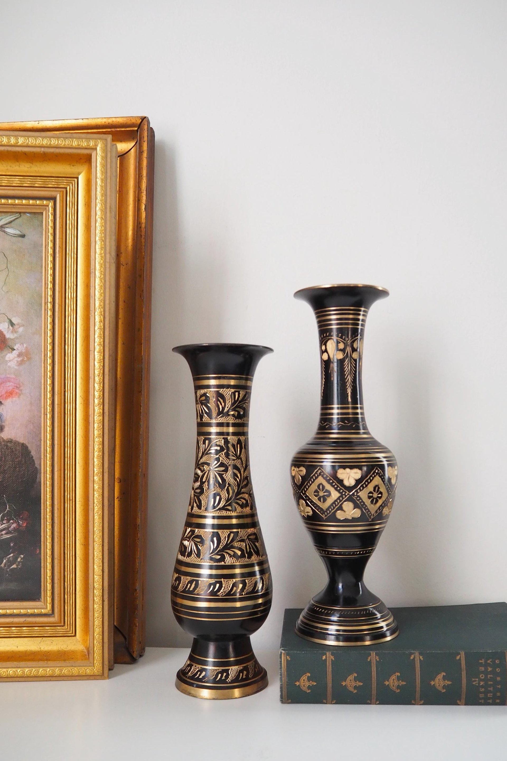 Set of two vintage vases | Brass vases | Mismatched vintage vases | Etched brass and black vases | Vintage brass vase set