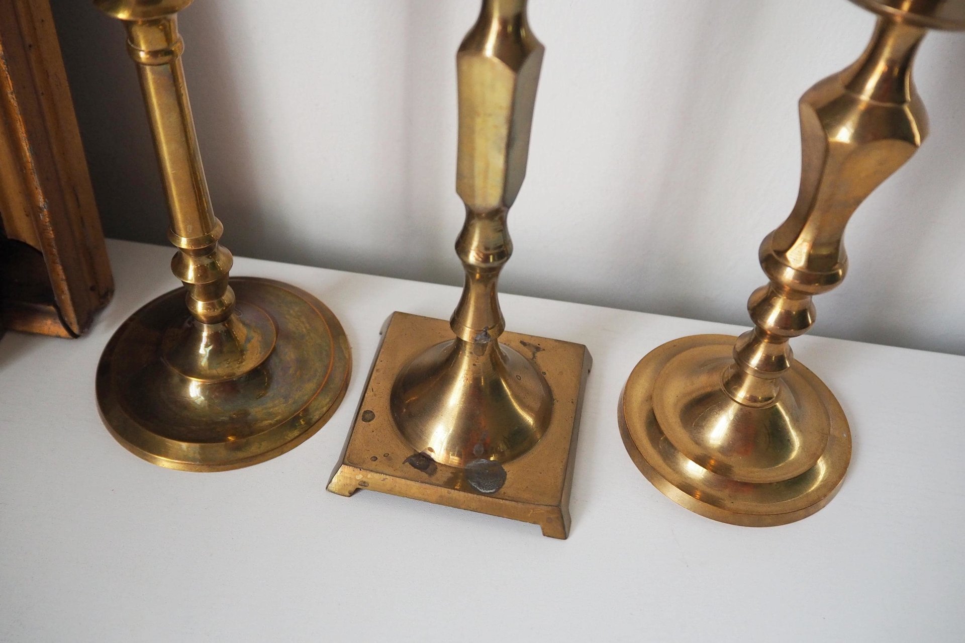 Set of three mismatched vintage candlestick holders | Brass candlestick holders | Vintage brass candle holders | Mismatched candle holders