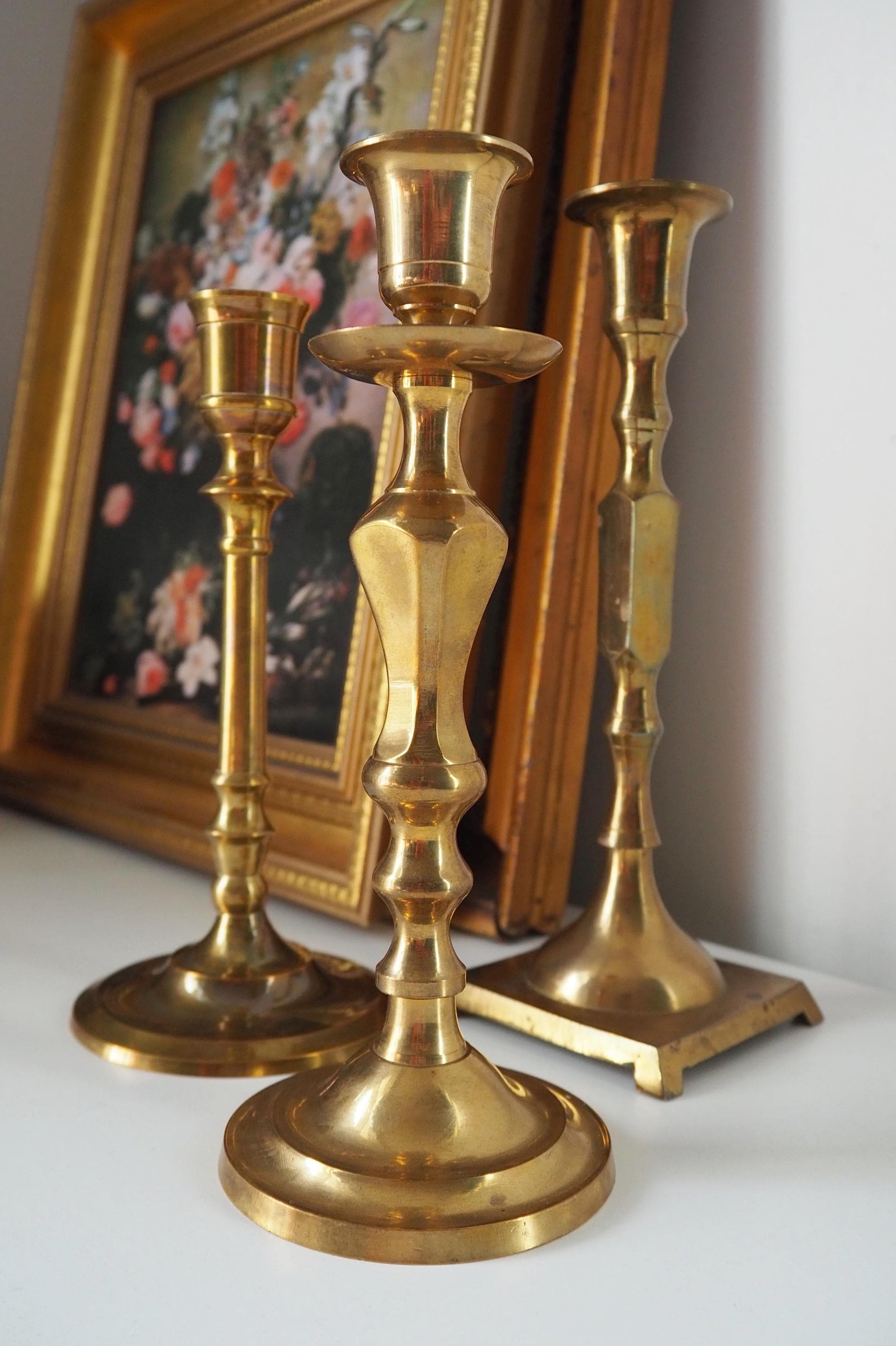 Set of three mismatched vintage candlestick holders | Brass candlestick holders | Vintage brass candle holders | Mismatched candle holders