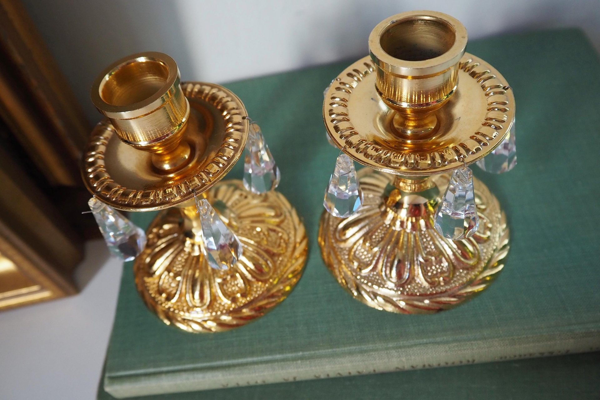 Vintage candlestick holder pair | Gold plated crystal candlestick holders | Ornate candlestick holders | Crystal candlestick holders