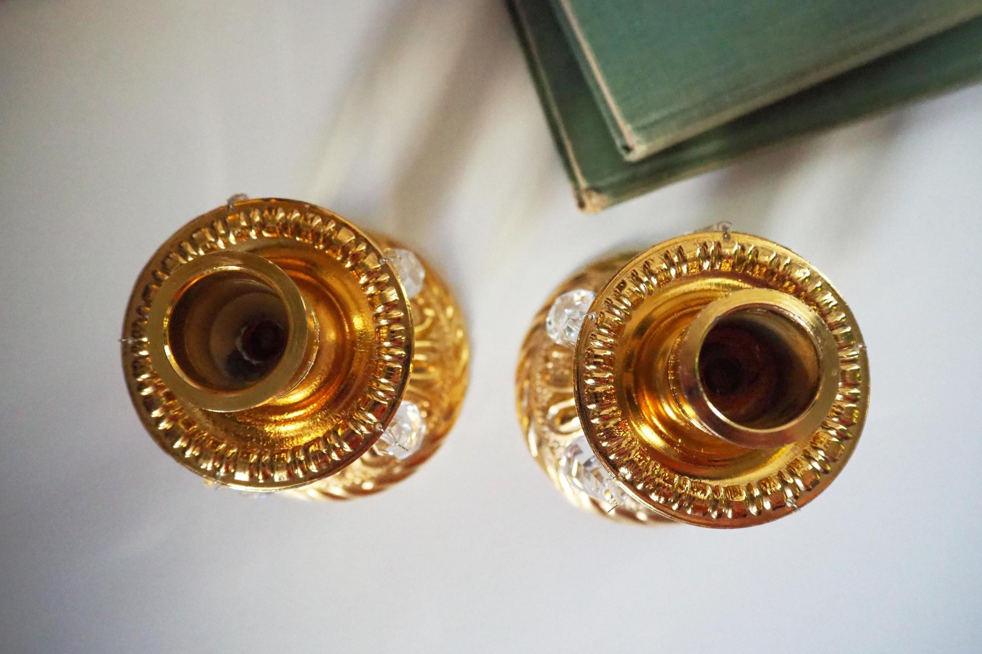 Vintage candlestick holder pair | Gold plated crystal candlestick holders | Ornate candlestick holders | Crystal candlestick holders