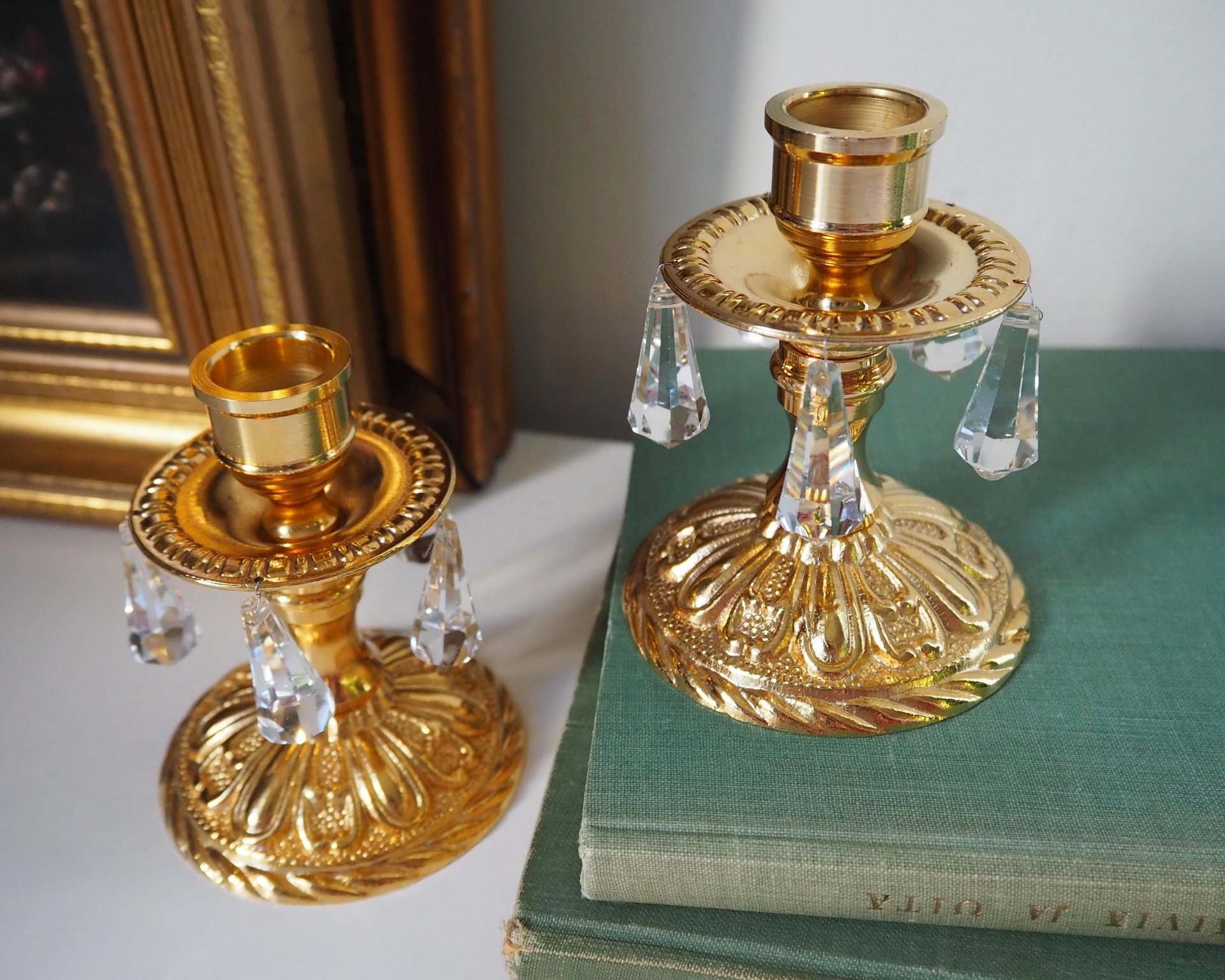 Vintage candlestick holder pair | Gold plated crystal candlestick holders | Ornate candlestick holders | Crystal candlestick holders
