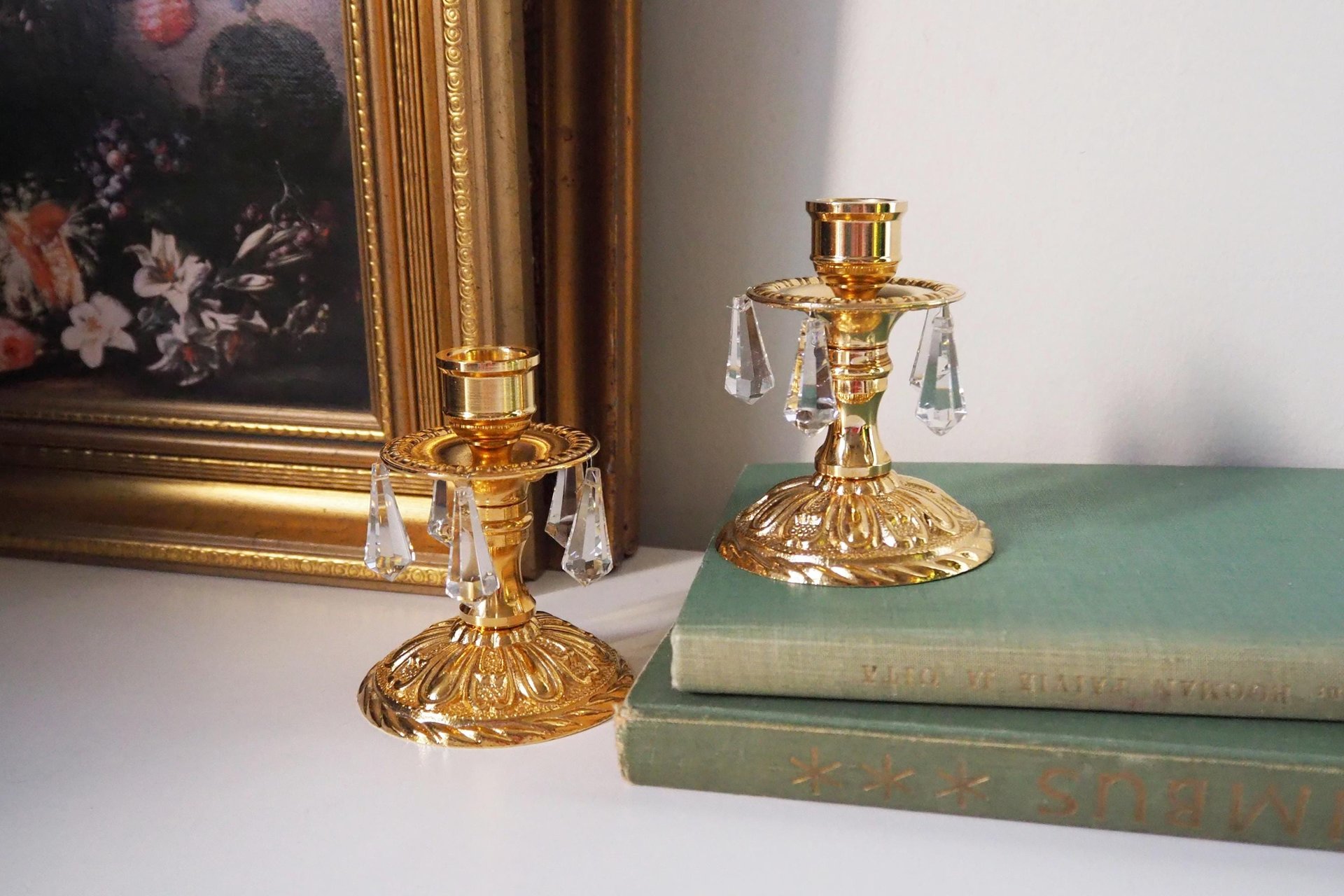 Vintage candlestick holder pair | Gold plated crystal candlestick holders | Ornate candlestick holders | Crystal candlestick holders
