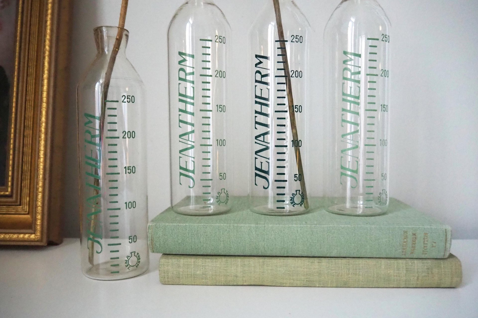 Set of four vintage glass bottles | Vintage Jenatherm laboratory bottles | Vintage apothecary bottles | Vintage glass vases