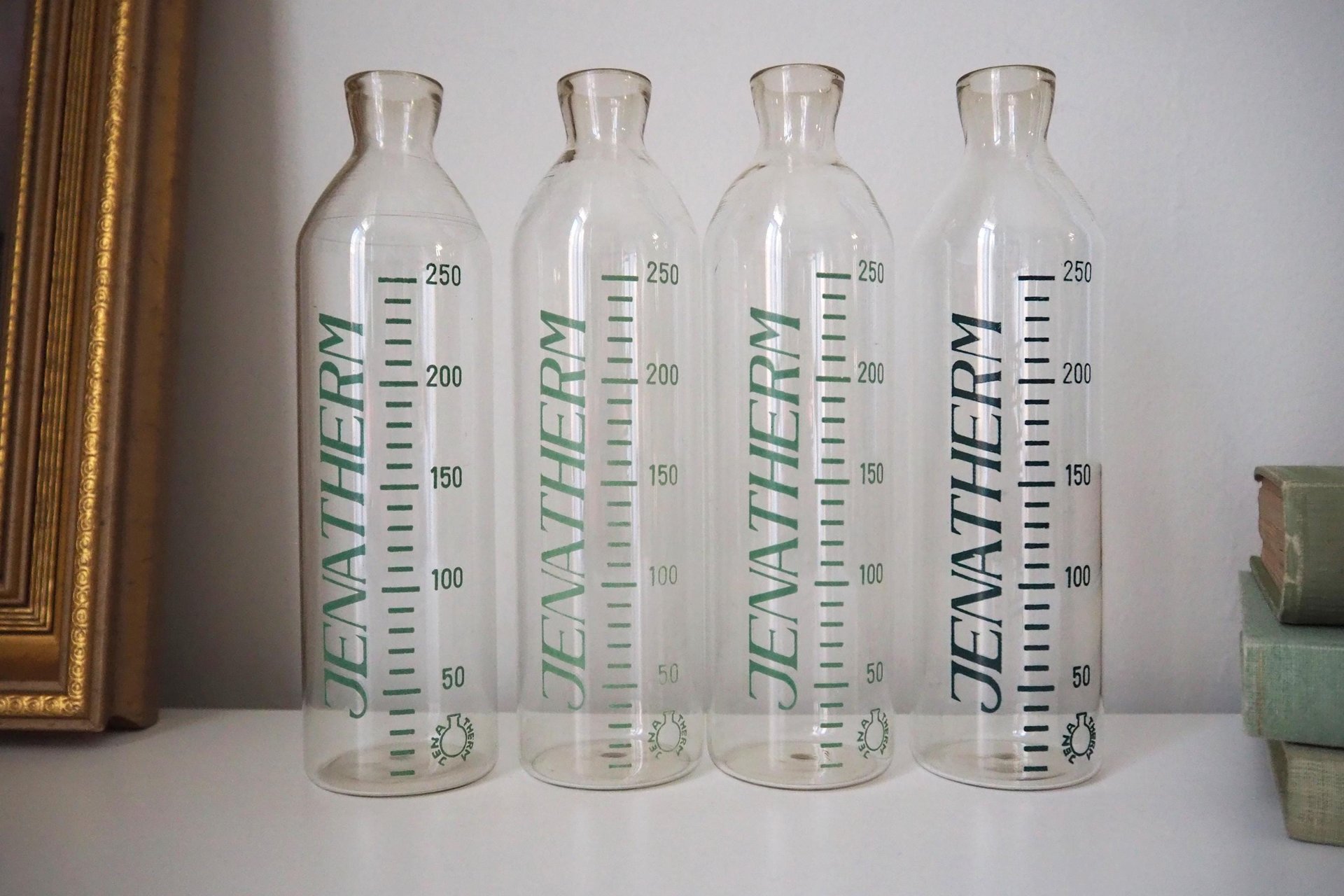 Set of four vintage glass bottles | Vintage Jenatherm laboratory bottles | Vintage apothecary bottles | Vintage glass vases