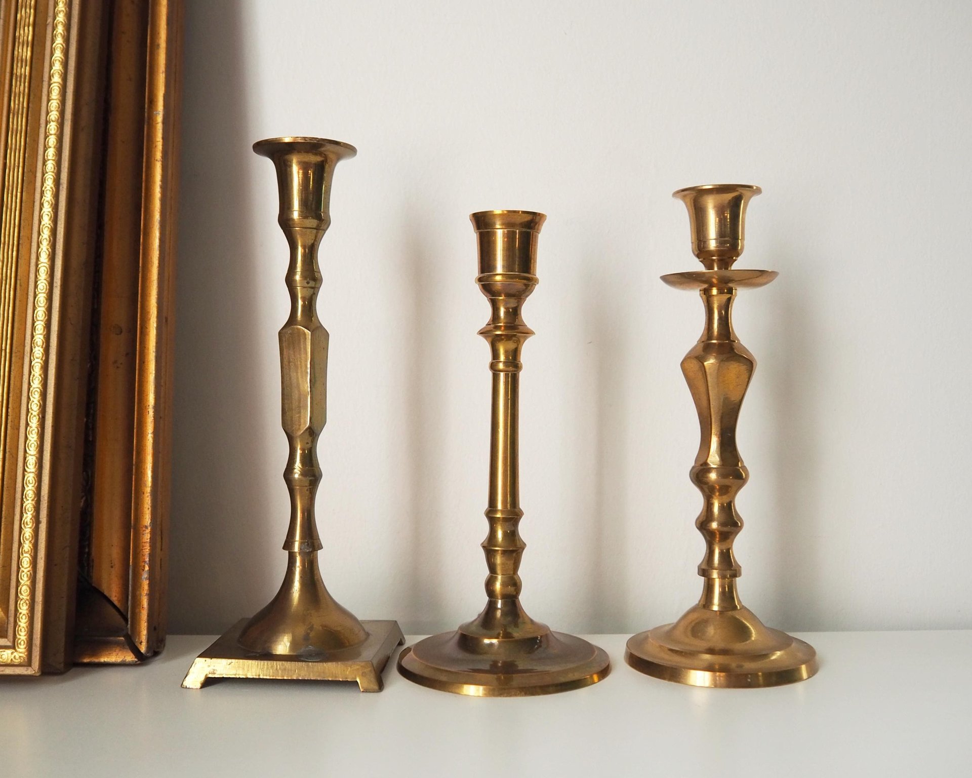 Set of three mismatched vintage candlestick holders | Brass candlestick holders | Vintage brass candle holders | Mismatched candle holders