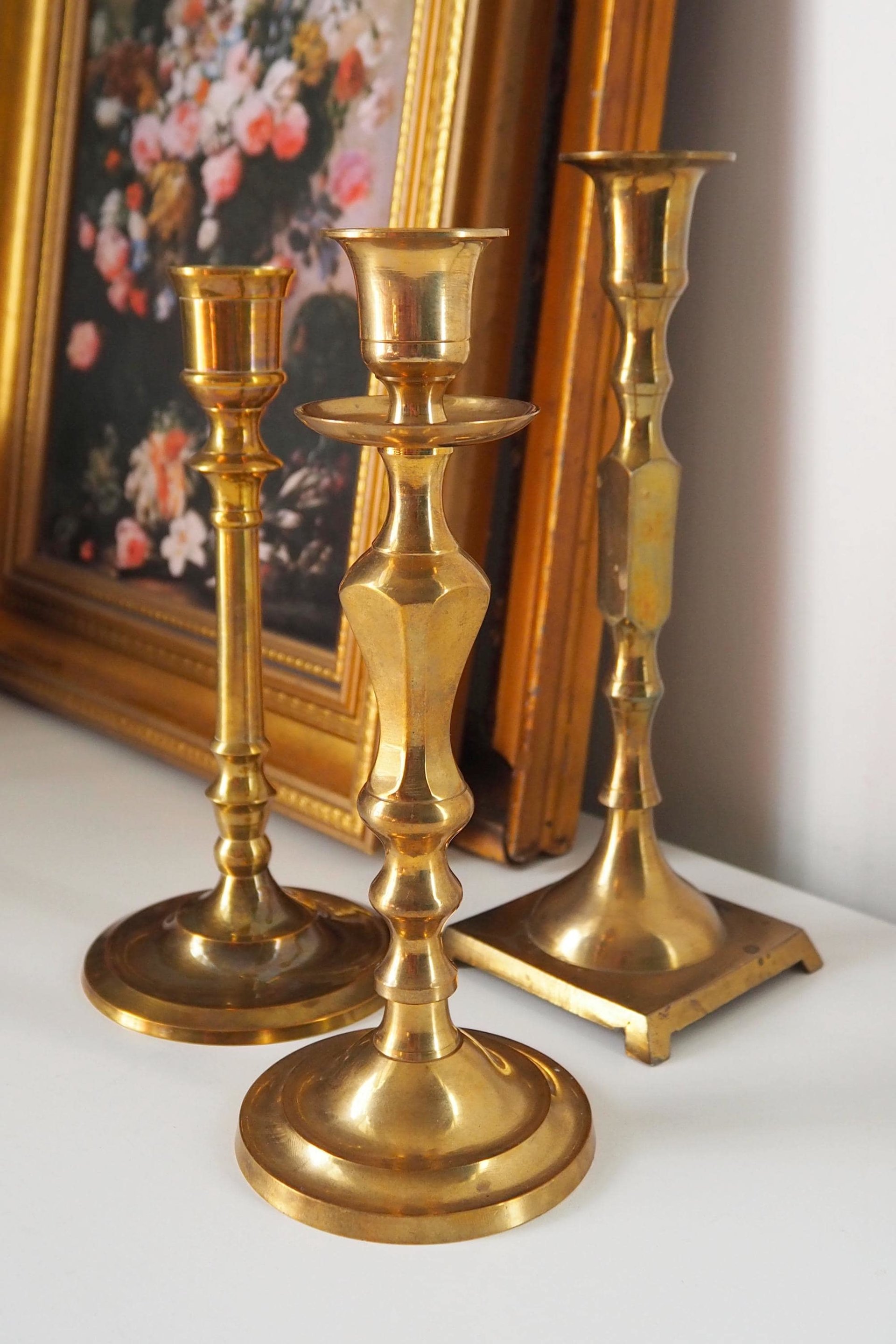 Set of three mismatched vintage candlestick holders | Brass candlestick holders | Vintage brass candle holders | Mismatched candle holders