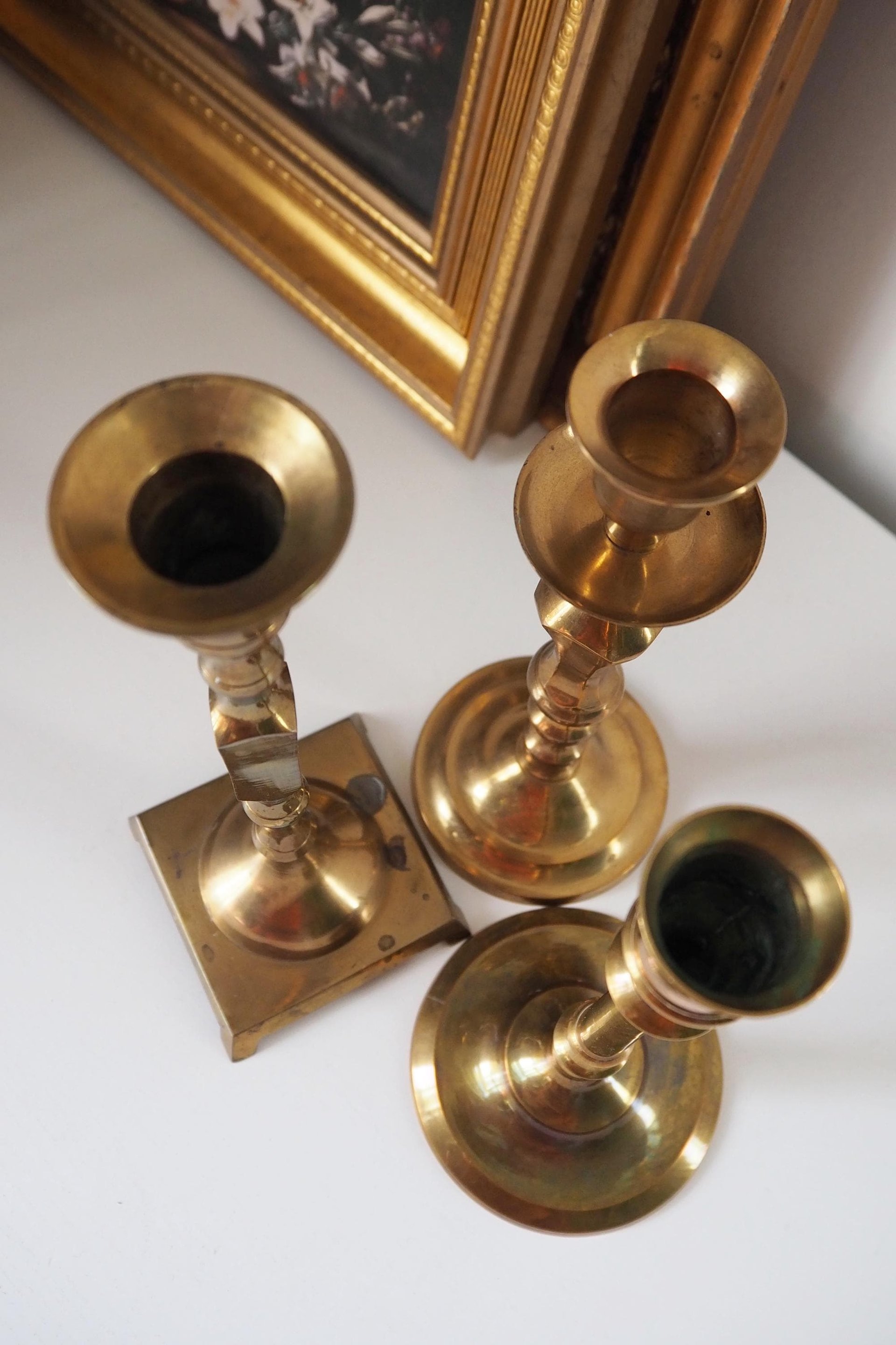 Set of three mismatched vintage candlestick holders | Brass candlestick holders | Vintage brass candle holders | Mismatched candle holders