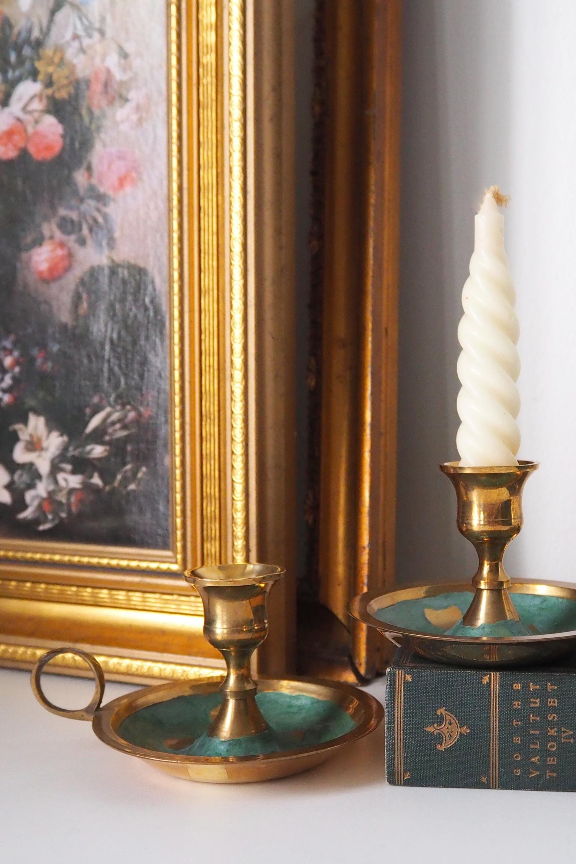 Set of two vintage chamber candlestick holders | Chamber candlestick holders | Vintage brass candleholders | Enamelled brass candle holders