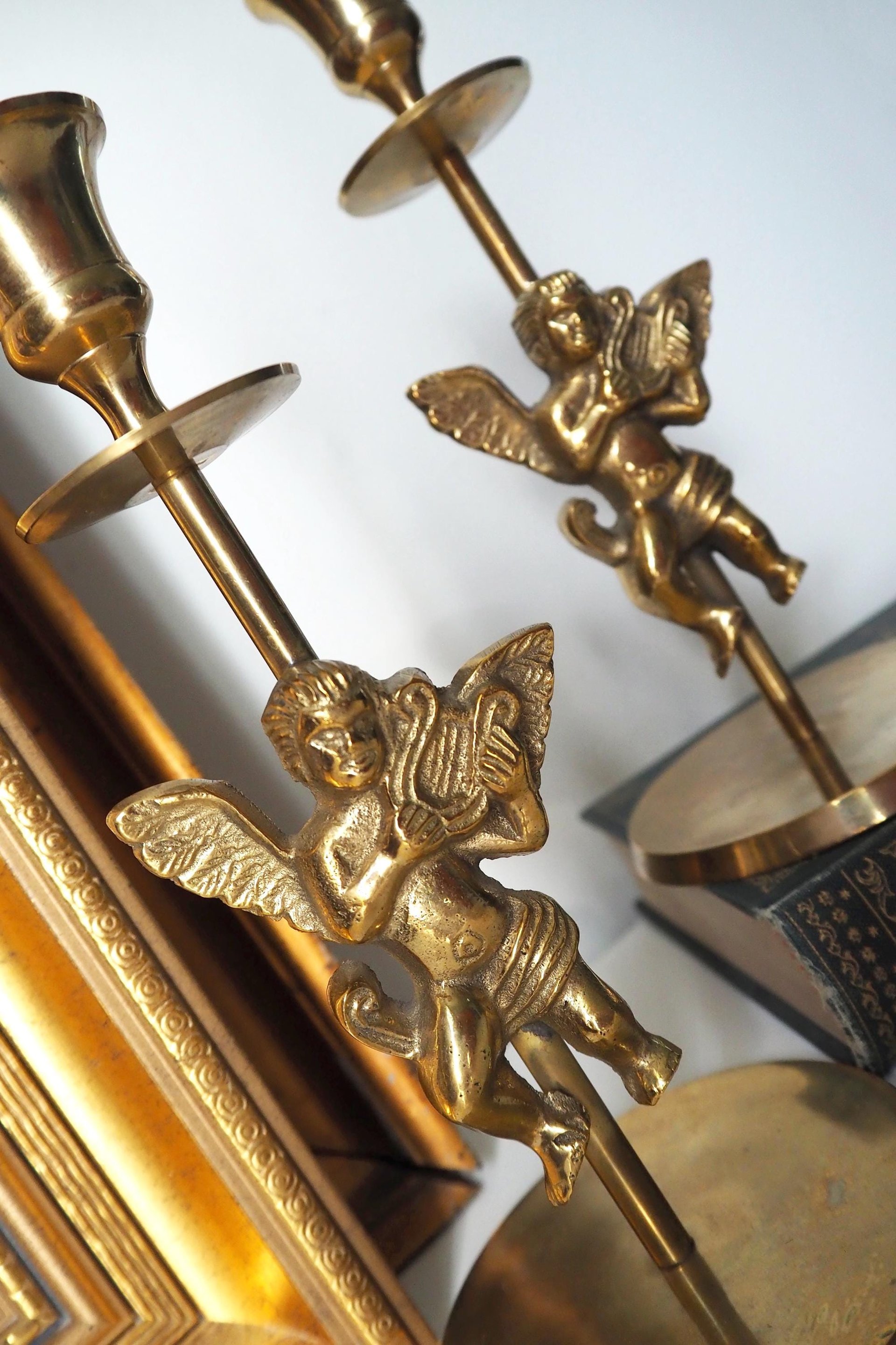Vintage angel candlestick holders | Matching vintage candlestick holders | Brass candlestick holders | Angel brass candlestick holders