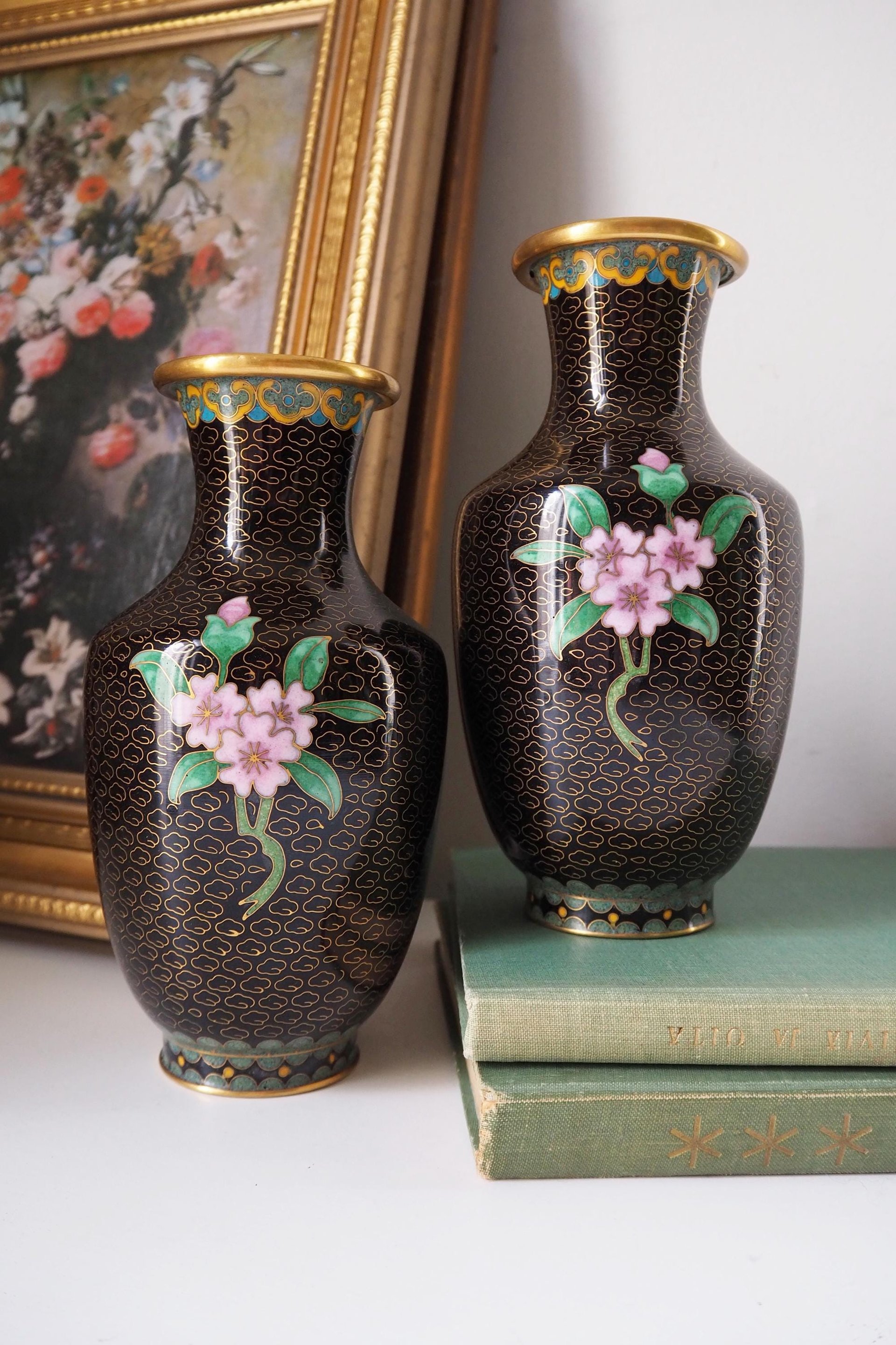 Vintage Cloisonné vase set | Mirrored pair of Cloisonné vases | Vintage vases | Cloisonné vases | Matching Cloisonné vases