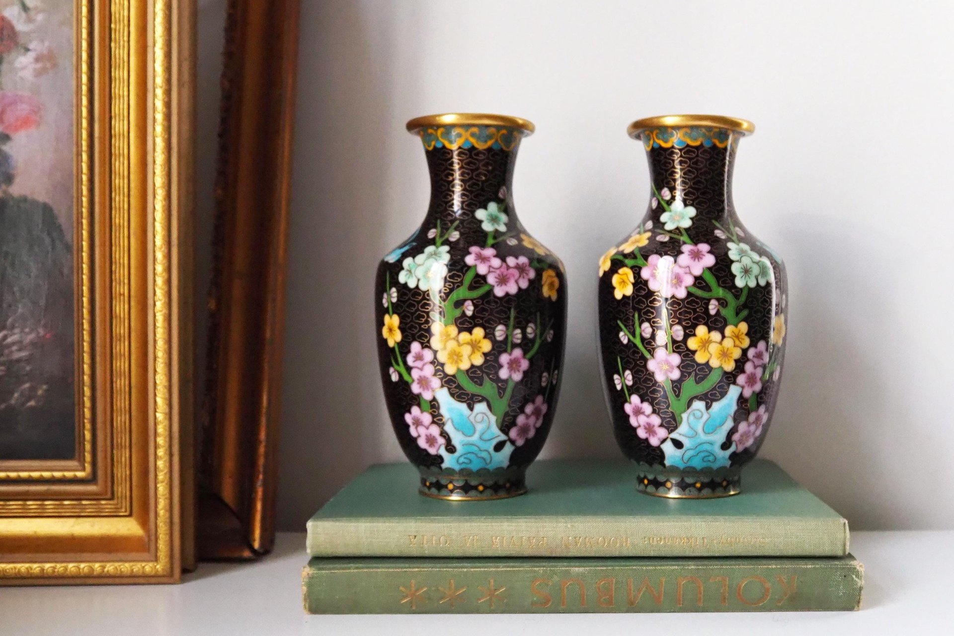 Vintage Cloisonné vase set | Mirrored pair of Cloisonné vases | Vintage vases | Cloisonné vases | Matching Cloisonné vases