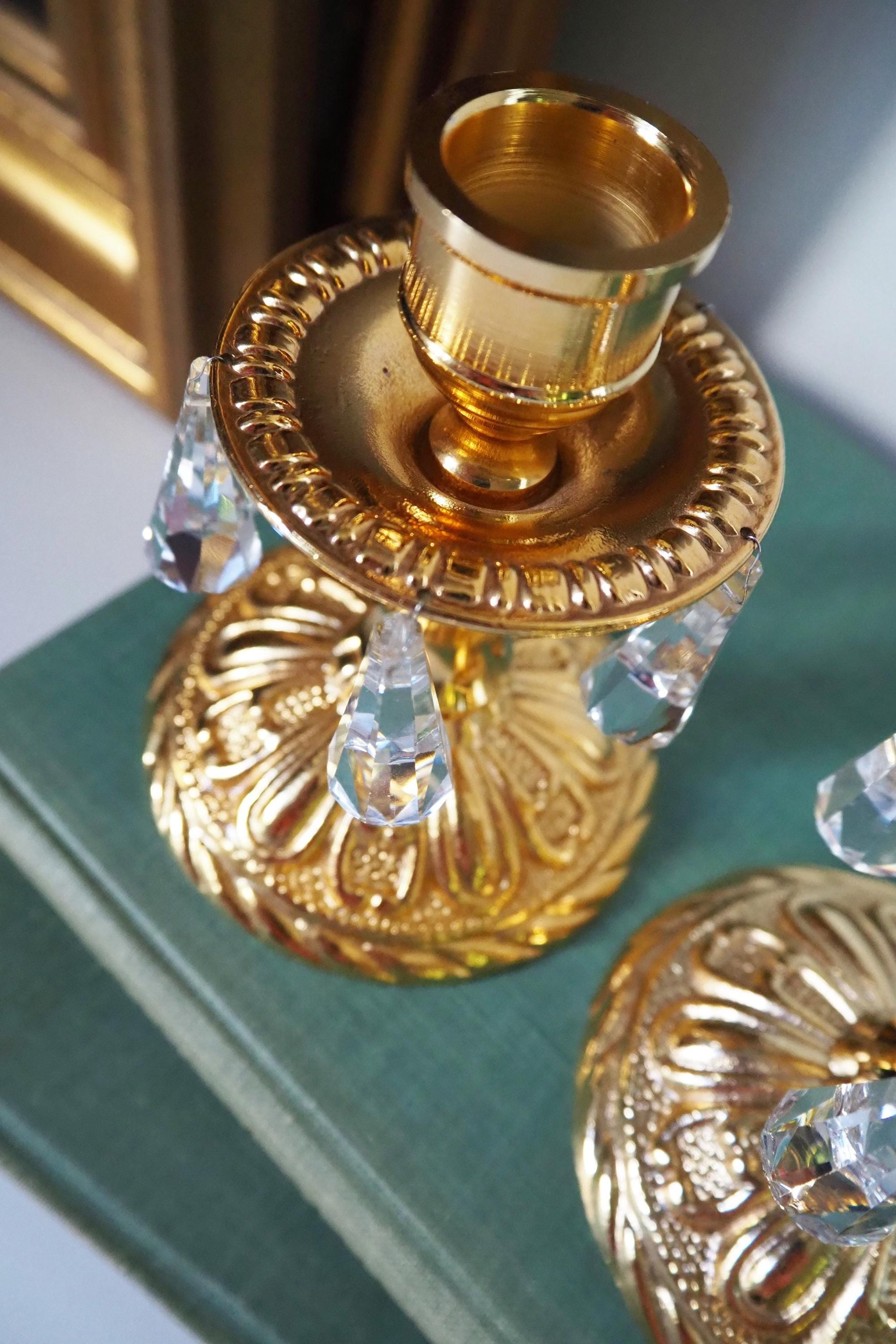 Vintage candlestick holder pair | Gold plated crystal candlestick holders | Ornate candlestick holders | Crystal candlestick holders