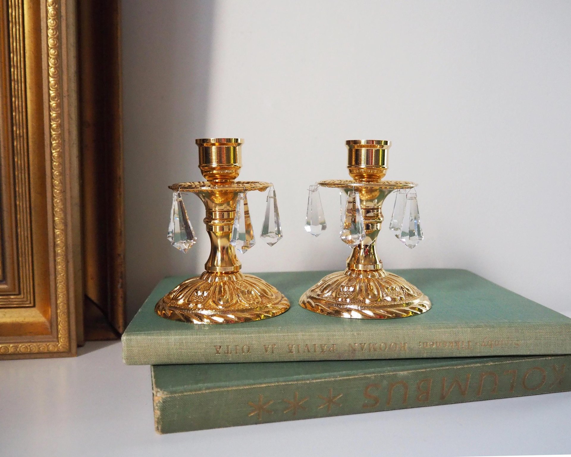 Vintage candlestick holder pair | Gold plated crystal candlestick holders | Ornate candlestick holders | Crystal candlestick holders