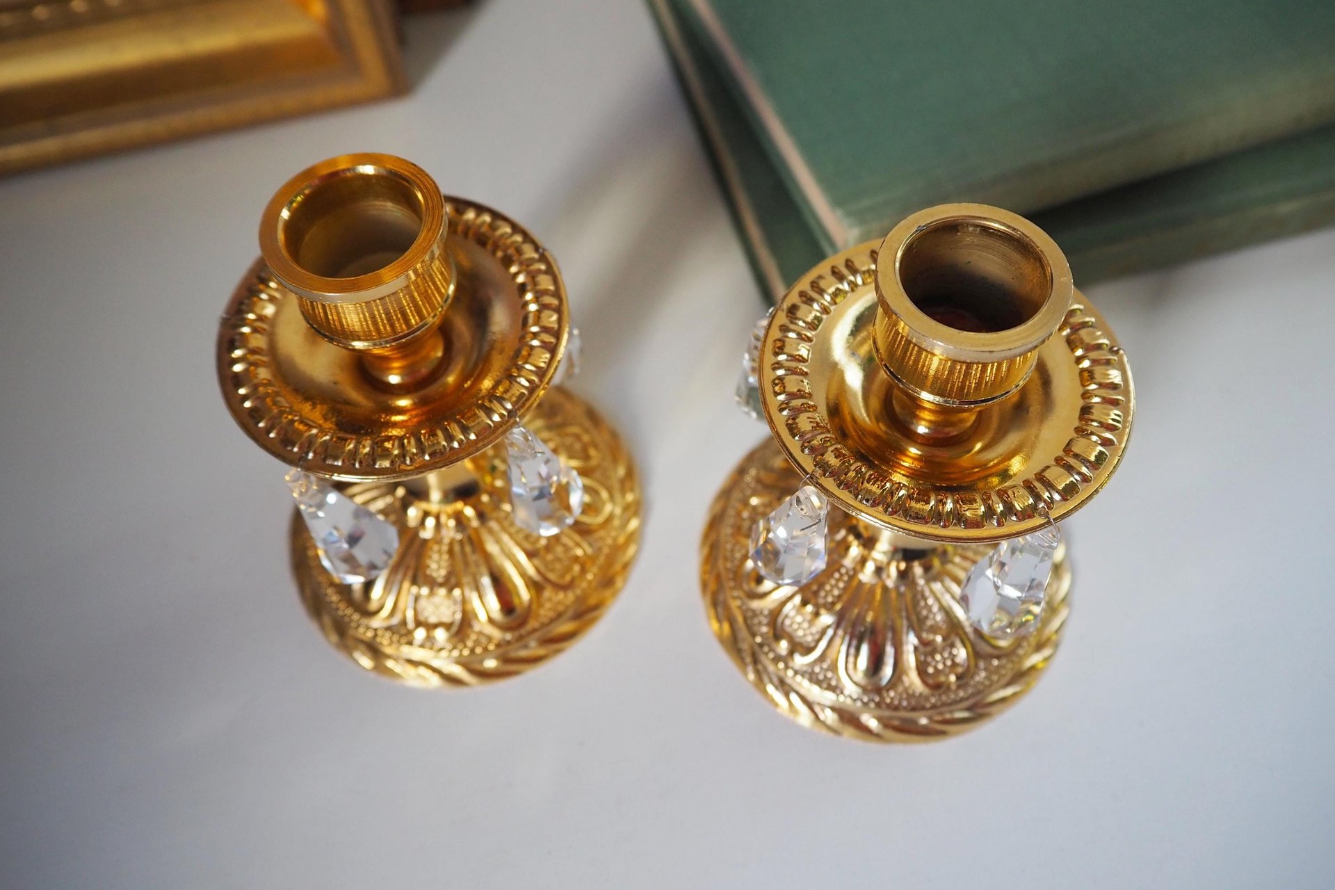Vintage candlestick holder pair | Gold plated crystal candlestick holders | Ornate candlestick holders | Crystal candlestick holders