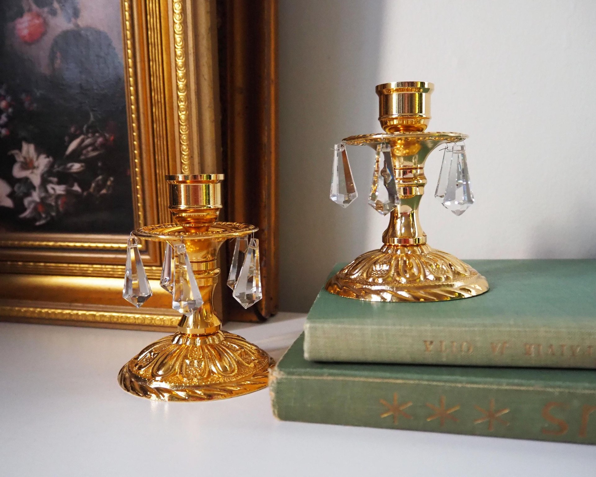 Vintage candlestick holder pair | Gold plated crystal candlestick holders | Ornate candlestick holders | Crystal candlestick holders