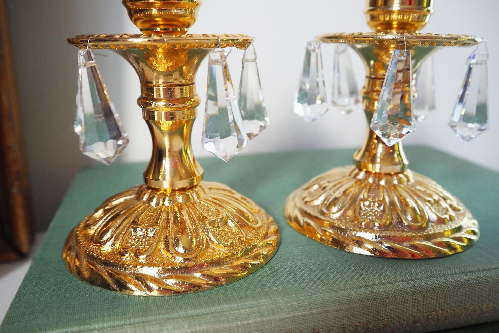 Vintage candlestick holder pair | Gold plated crystal candlestick holders | Ornate candlestick holders | Crystal candlestick holders