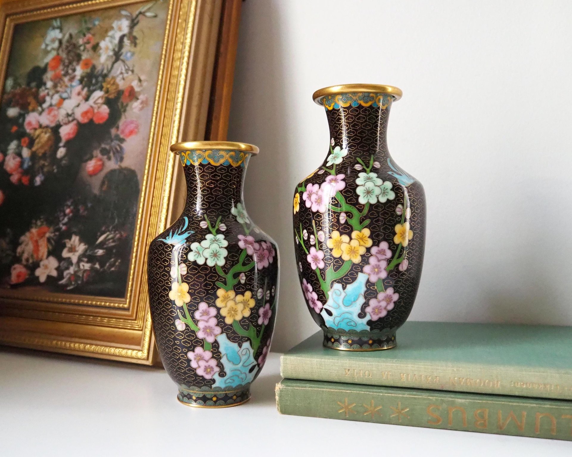 Vintage Cloisonné vase set | Mirrored pair of Cloisonné vases | Vintage vases | Cloisonné vases | Matching Cloisonné vases
